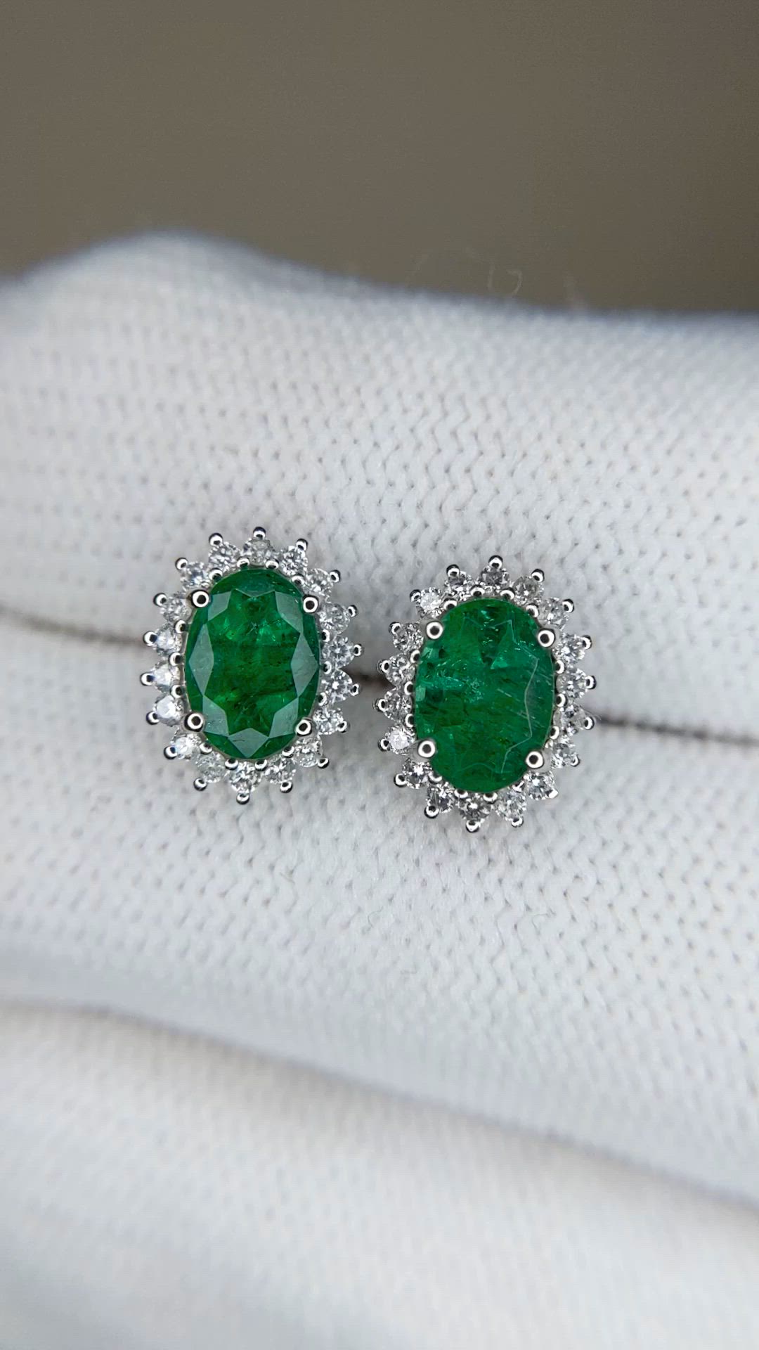 1.51 Ct.Tw.Total Carat Weight Emerald and Natural Diamond Studs Earrings, 14K White Gold Size Video