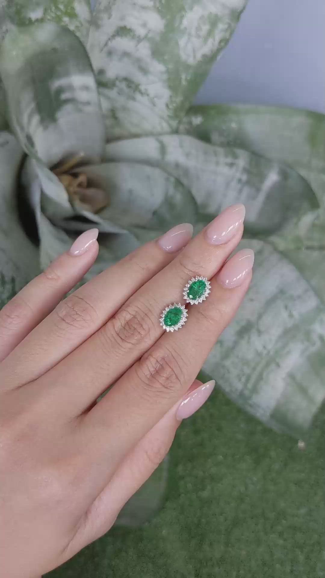 1.51 Ct.Tw.Total Carat Weight Emerald and Natural Diamond Studs Earrings, 14K White Gold Size Video