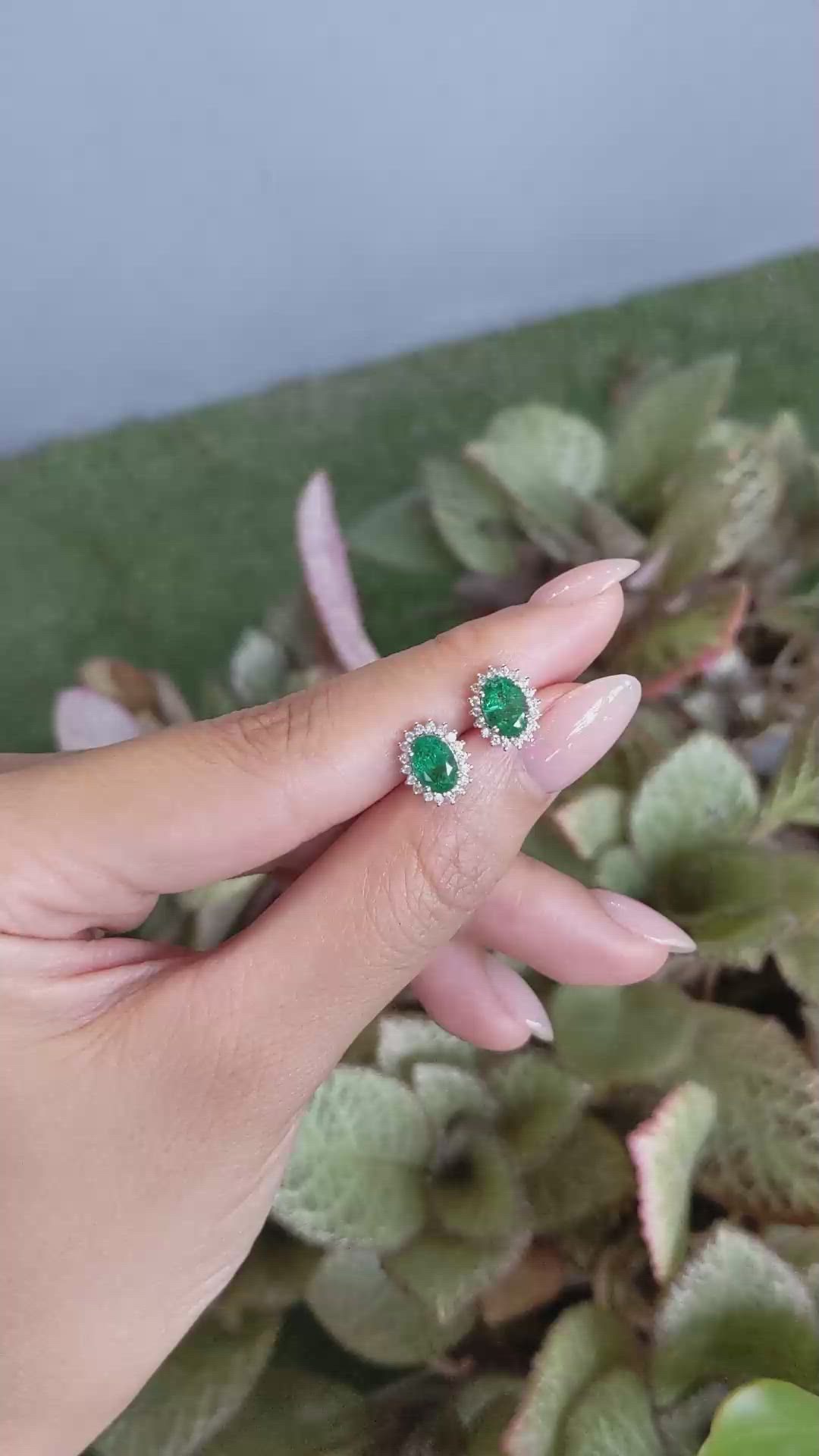 1.51 Ct.Tw.Total Carat Weight Emerald and Natural Diamond Studs Earrings, 14K White Gold Size Video
