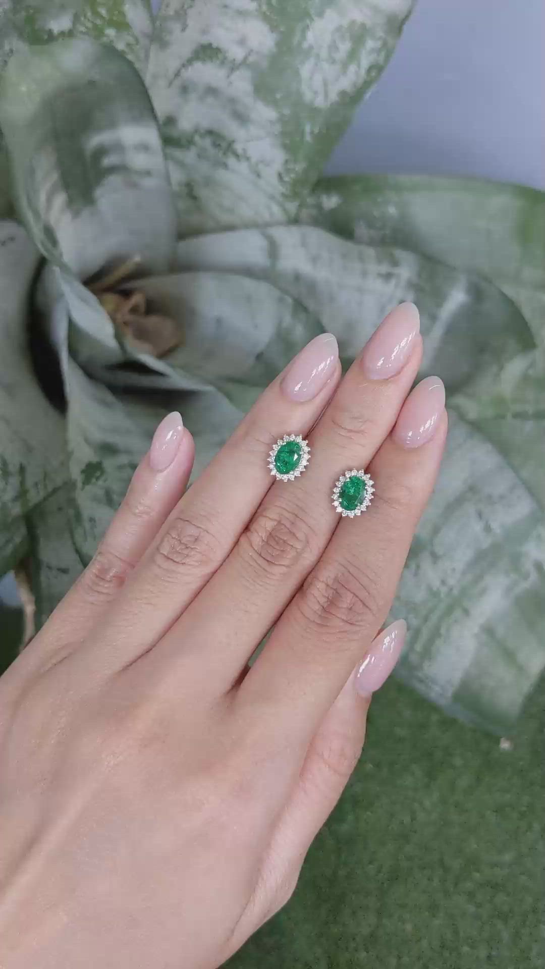 1.51 Ct.Tw.Total Carat Weight Emerald and Natural Diamond Studs Earrings, 14K White Gold Size Video