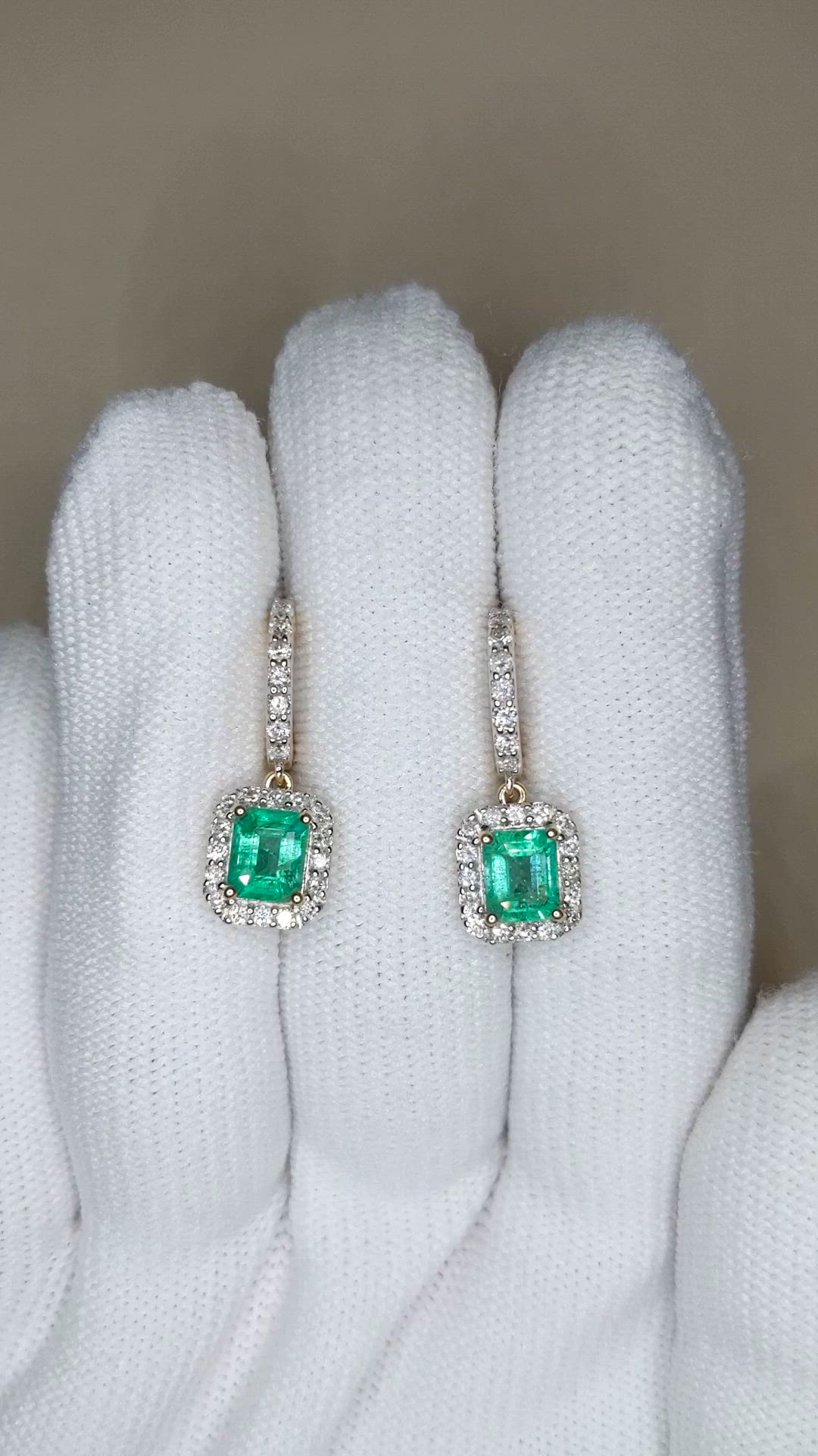 1.50&nbsp;Ct.Tw.Total Carat Weight Emerald and Natural Diamond Pave Earrings, 14K Yellow Gold Size Video
