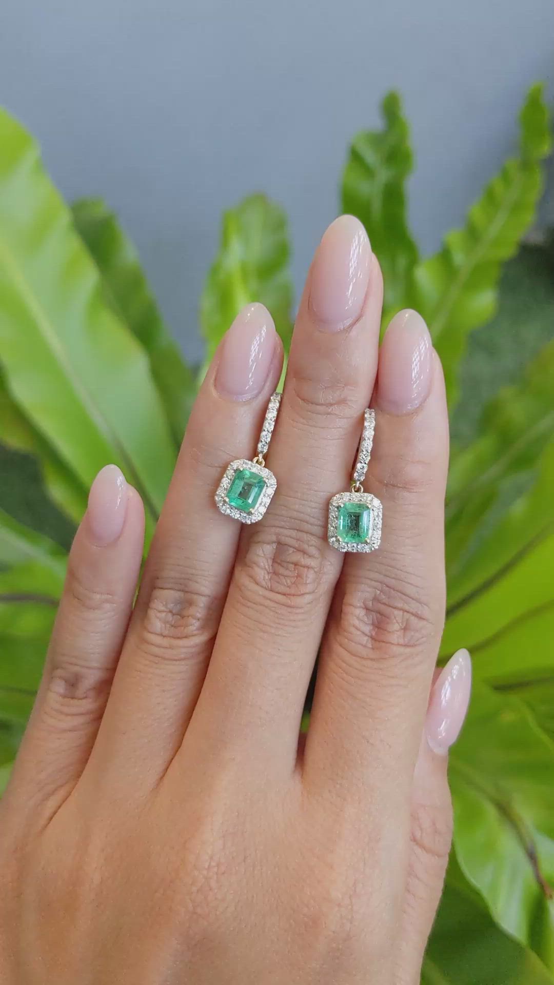 1.50&nbsp;Ct.Tw.Total Carat Weight Emerald and Natural Diamond Pave Earrings, 14K Yellow Gold Size Video