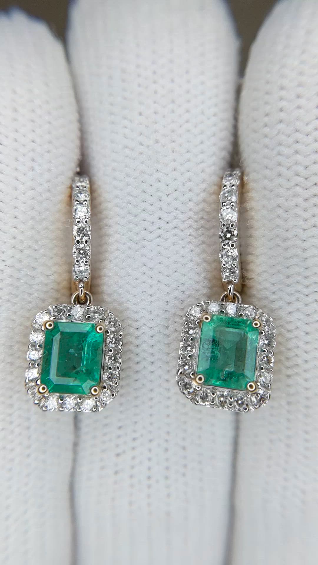 1.50&nbsp;Ct.Tw.Total Carat Weight Emerald and Natural Diamond Pave Earrings, 14K Yellow Gold Size Video