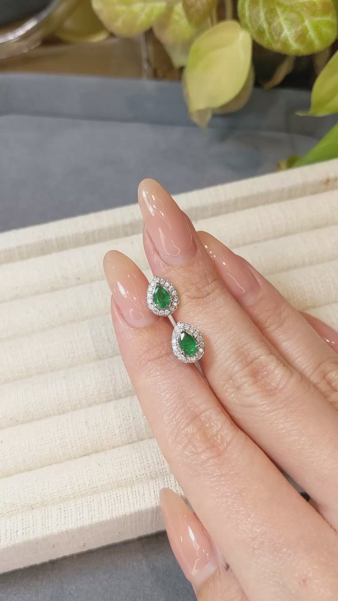 0.71 Ct.Tw.Total Carat Weight Emerald and Natural Diamond Studs Earrings, 14K White Gold Size Video