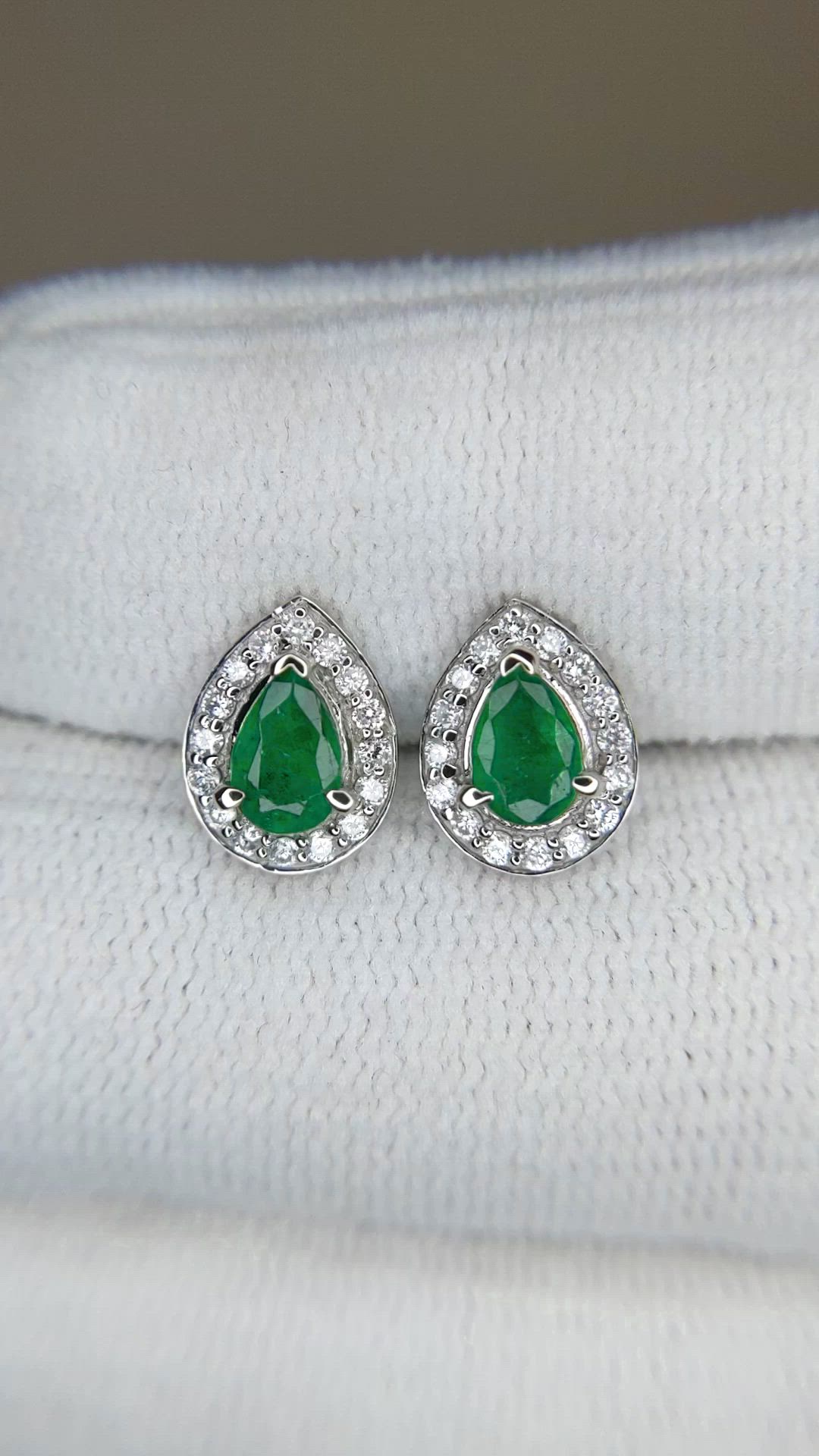 0.71 Ct.Tw.Total Carat Weight Emerald and Natural Diamond Studs Earrings, 14K White Gold Size Video