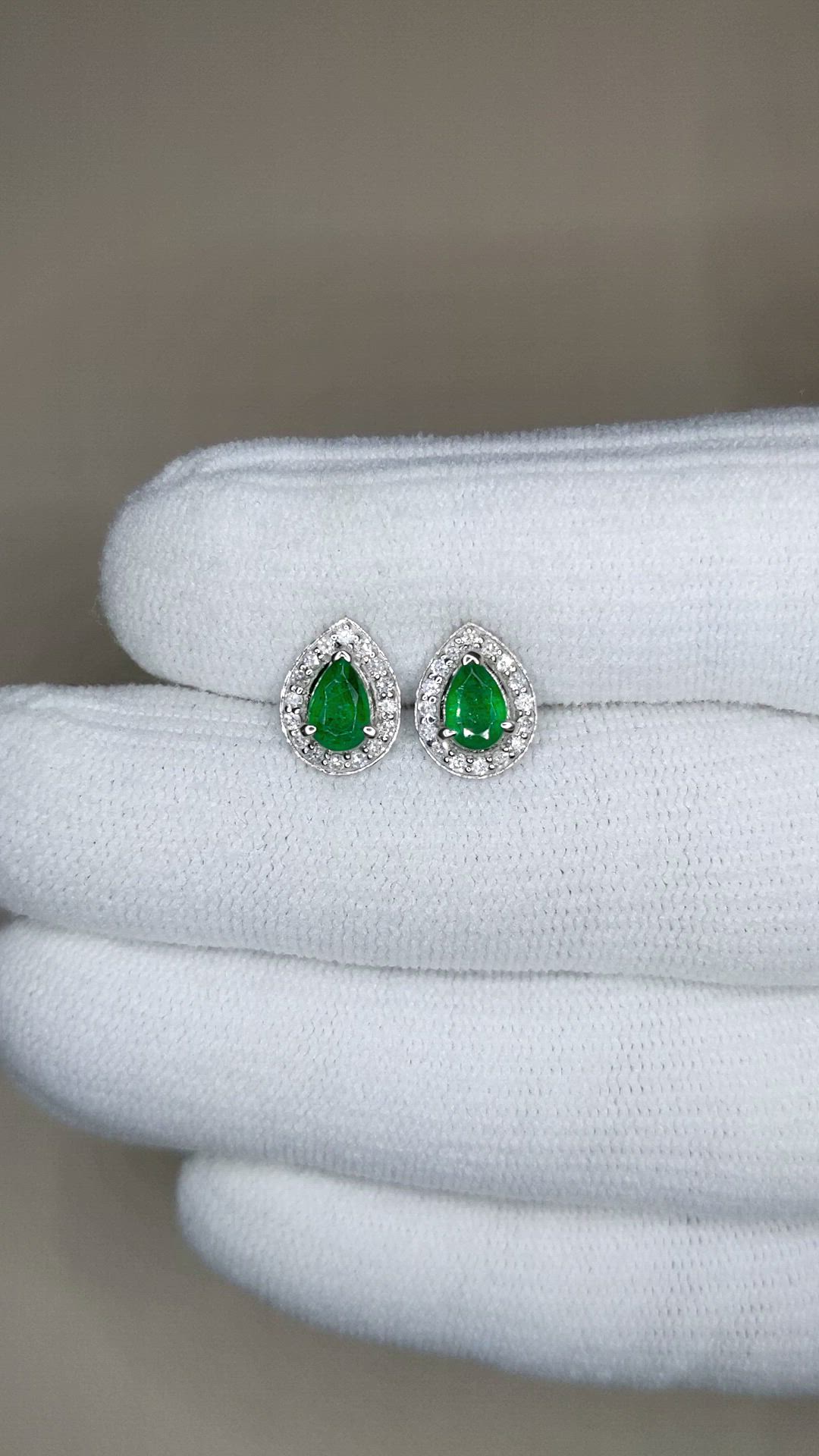 0.71 Ct.Tw.Total Carat Weight Emerald and Natural Diamond Studs Earrings, 14K White Gold Size Video