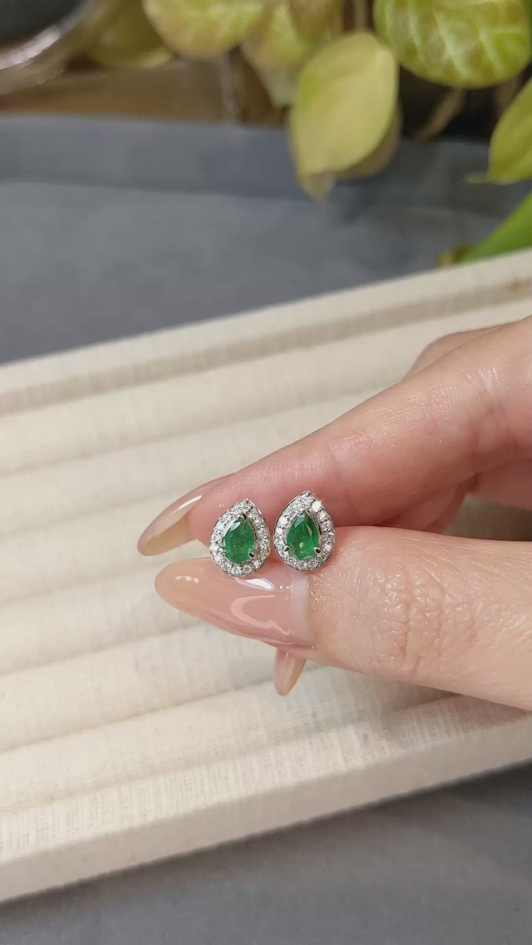 0.71 Ct.Tw.Total Carat Weight Emerald and Natural Diamond Studs Earrings, 14K White Gold Size Video