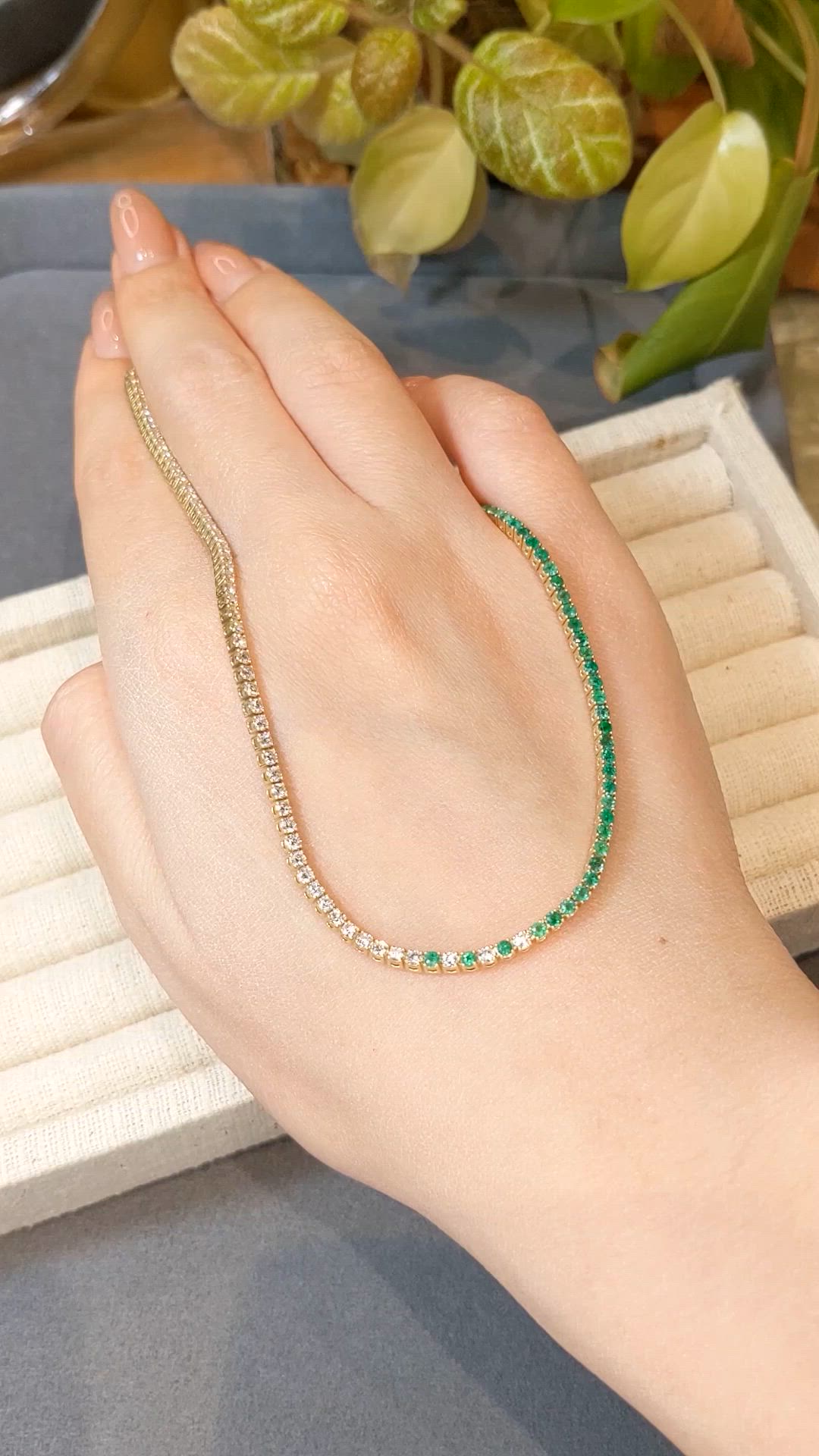 2.85 Ct. Emerald and Natural Diamond Tennis/Riviere Necklace, 14K Yellow Gold Size Video