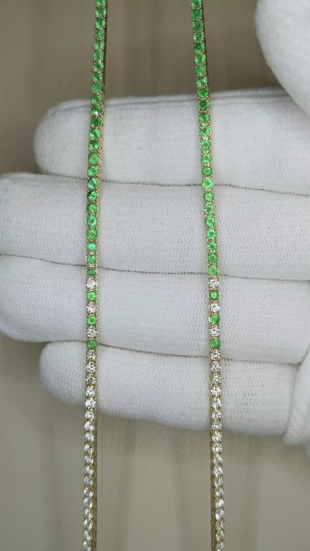 2.85 Ct. Emerald and Natural Diamond Tennis/Riviere Necklace, 14K Yellow Gold Size Video