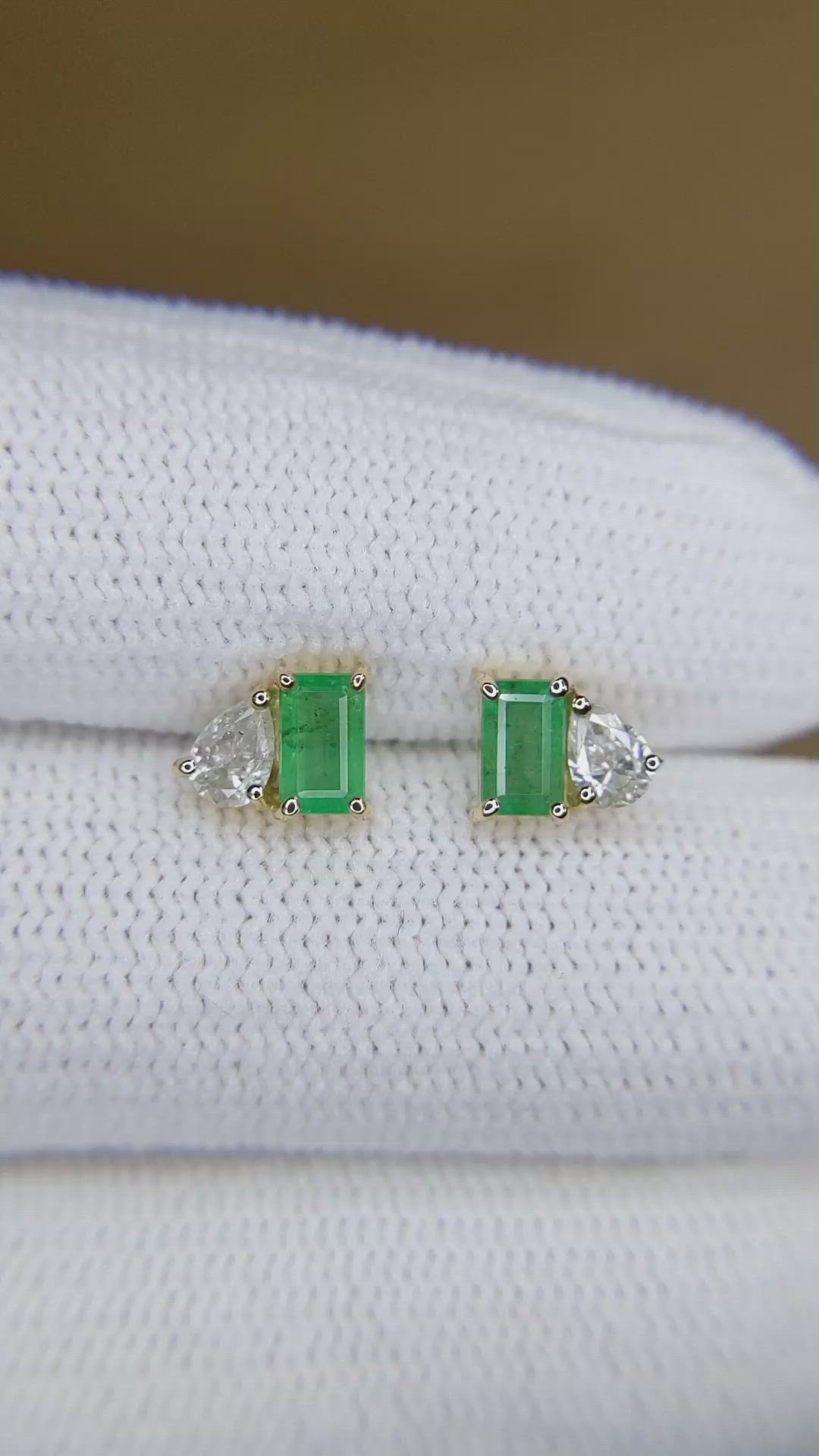 0.26 Ct.Tw.Total Carat Weight Emerald and Natural Diamond Studs Earrings, 14K Yellow Gold Size Video