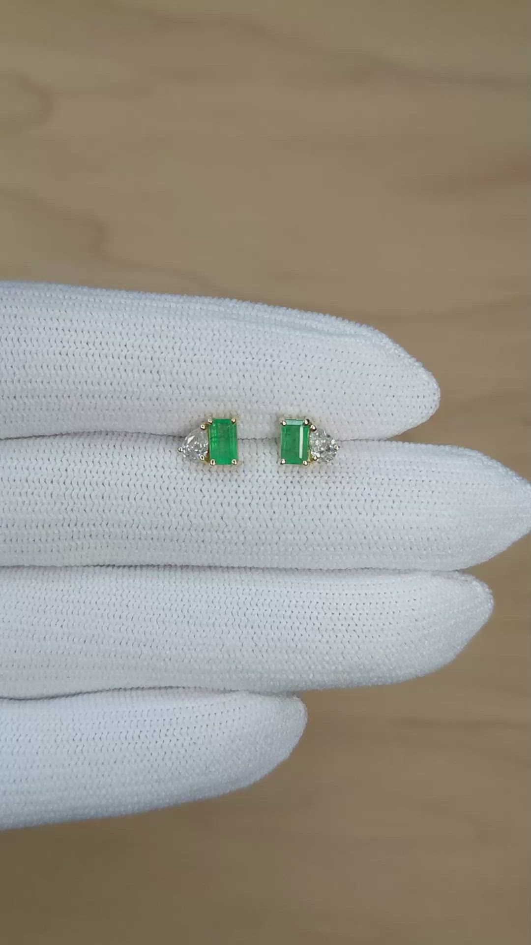 0.26 Ct.Tw.Total Carat Weight Emerald and Natural Diamond Studs Earrings, 14K Yellow Gold Size Video