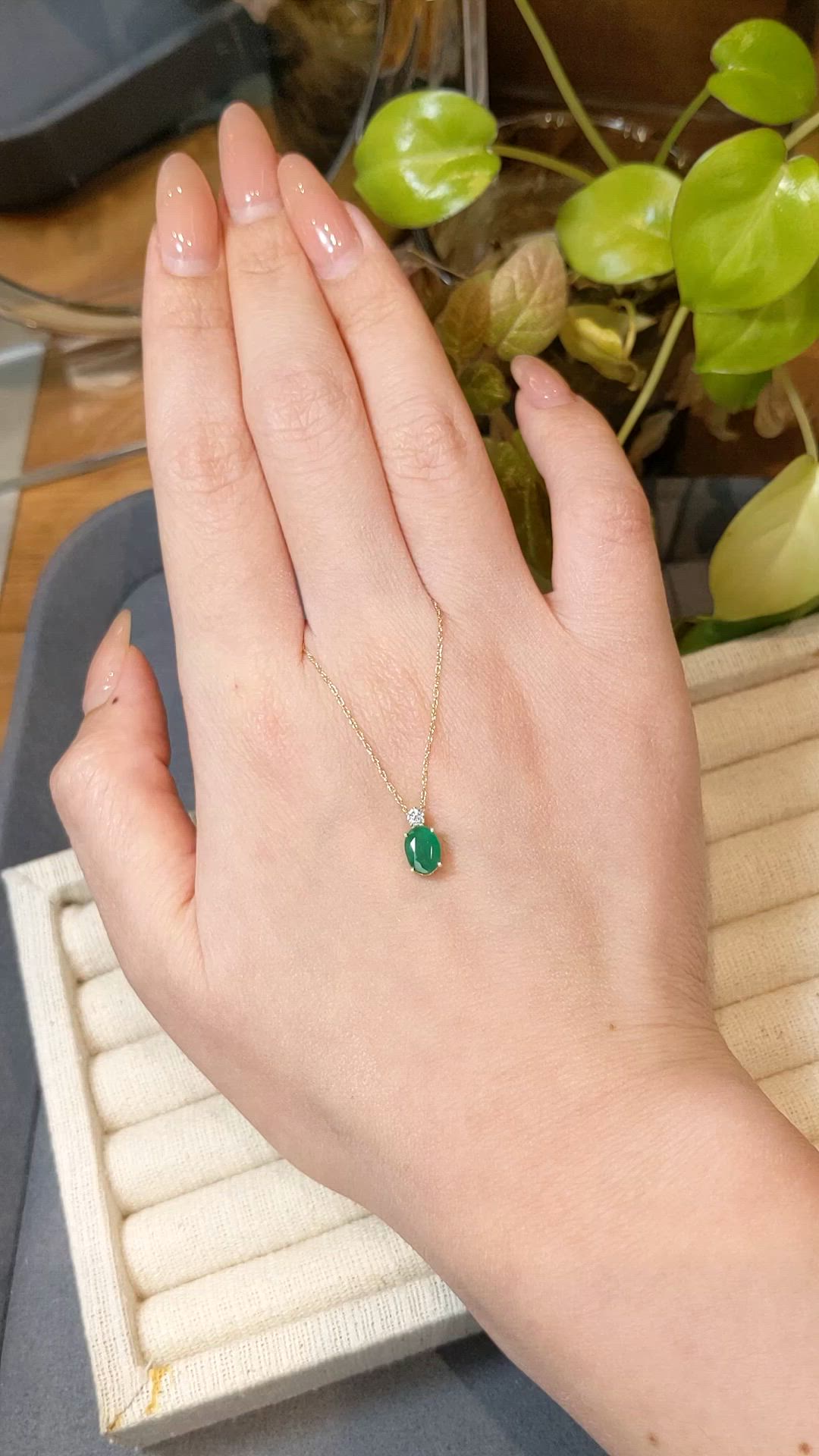 0.77 Ct. Emerald and Natural Diamond Solitaire Necklace, 14K Yellow Gold Size Video