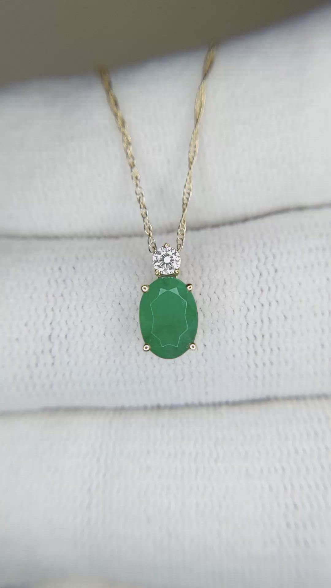 0.77 Ct. Emerald and Natural Diamond Solitaire Necklace, 14K Yellow Gold Size Video