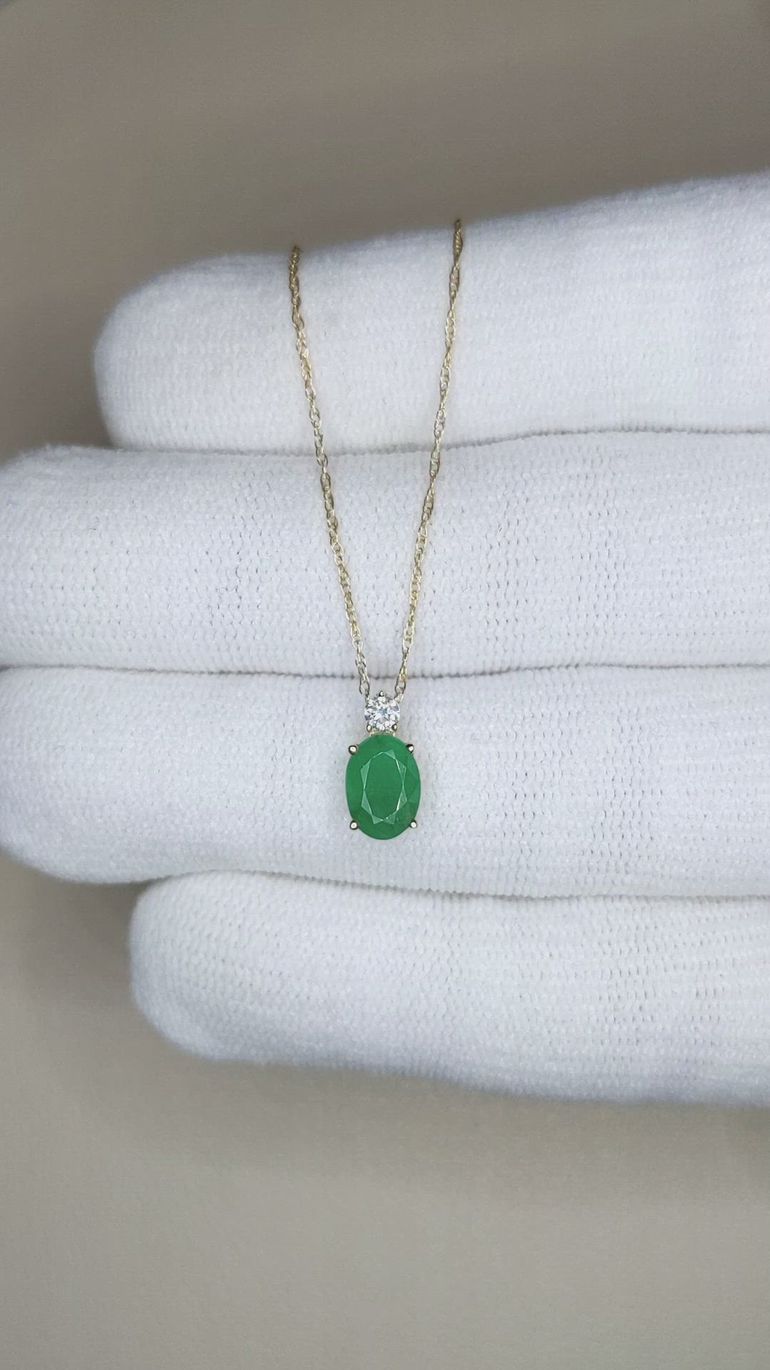 0.77 Ct. Emerald and Natural Diamond Solitaire Necklace, 14K Yellow Gold Size Video