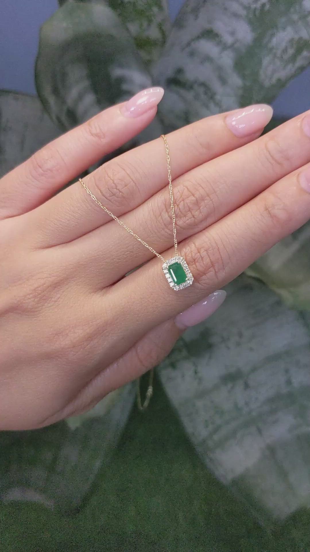 0.60 Ct. Emerald and Natural Diamond Accent Stones Necklace, 14K Yellow Gold Size Video
