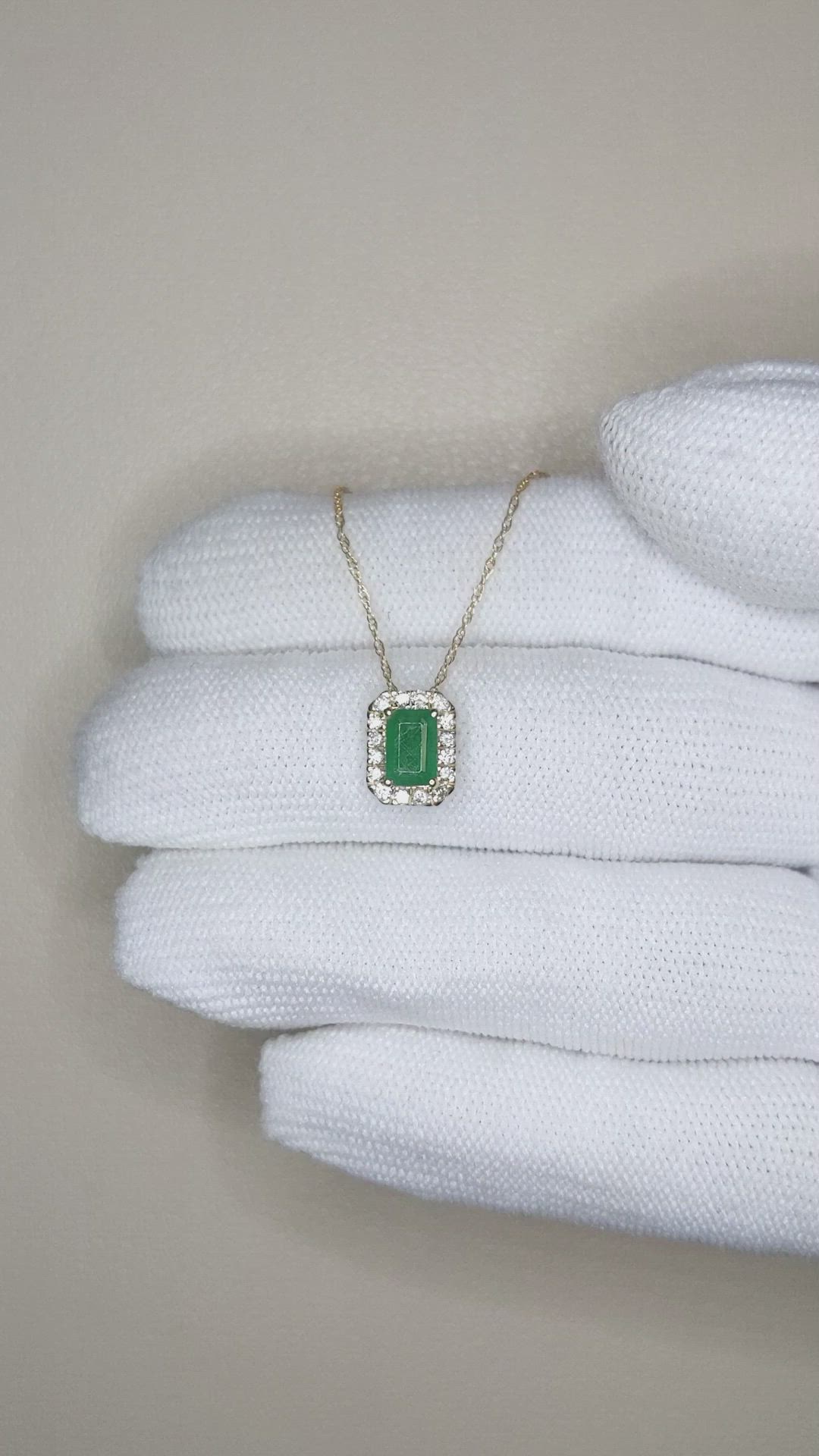 0.60 Ct. Emerald and Natural Diamond Accent Stones Necklace, 14K Yellow Gold Size Video