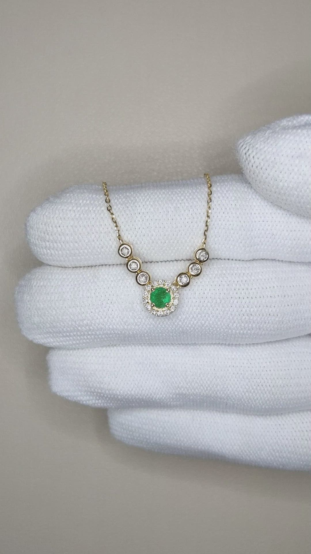 0.24 Ct. Emerald and Natural Diamond Accent Stones Necklace, 14K Yellow Gold Size Video