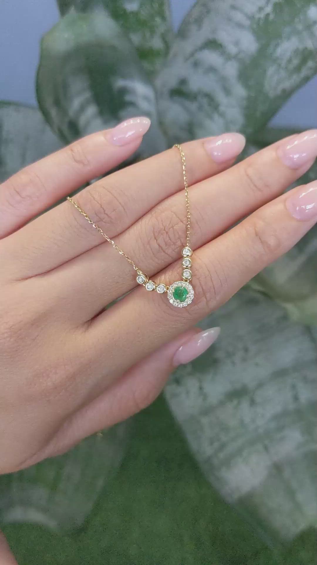 0.24 Ct. Emerald and Natural Diamond Accent Stones Necklace, 14K Yellow Gold Size Video