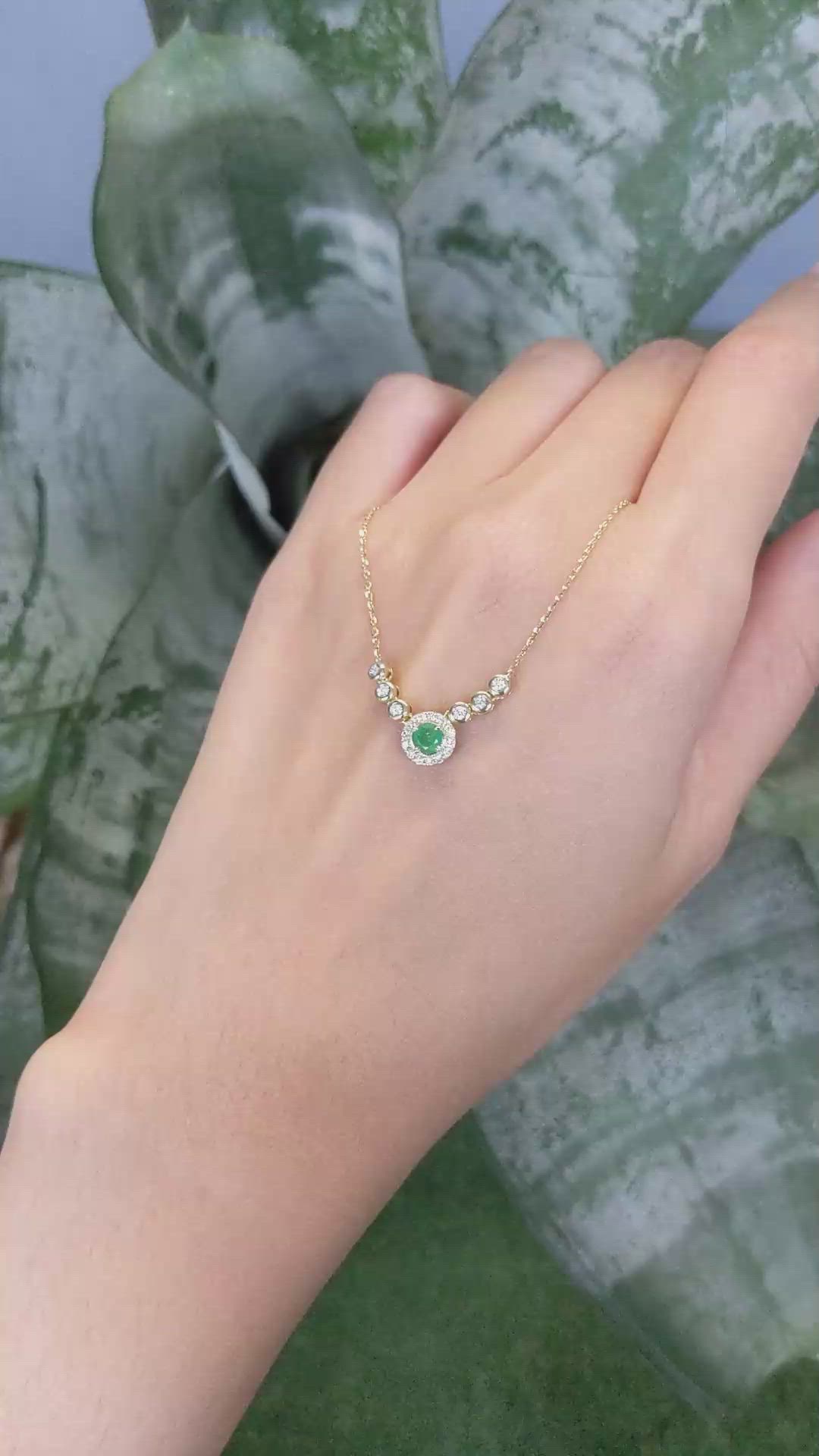 0.24 Ct. Emerald and Natural Diamond Accent Stones Necklace, 14K Yellow Gold Size Video