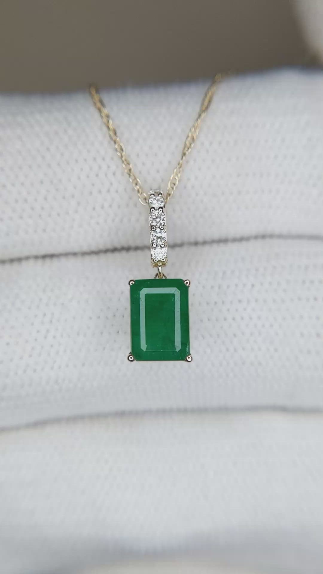 1.22 Ct. Emerald and Natural Diamond Pave Necklace, 14K Yellow Gold Size Video