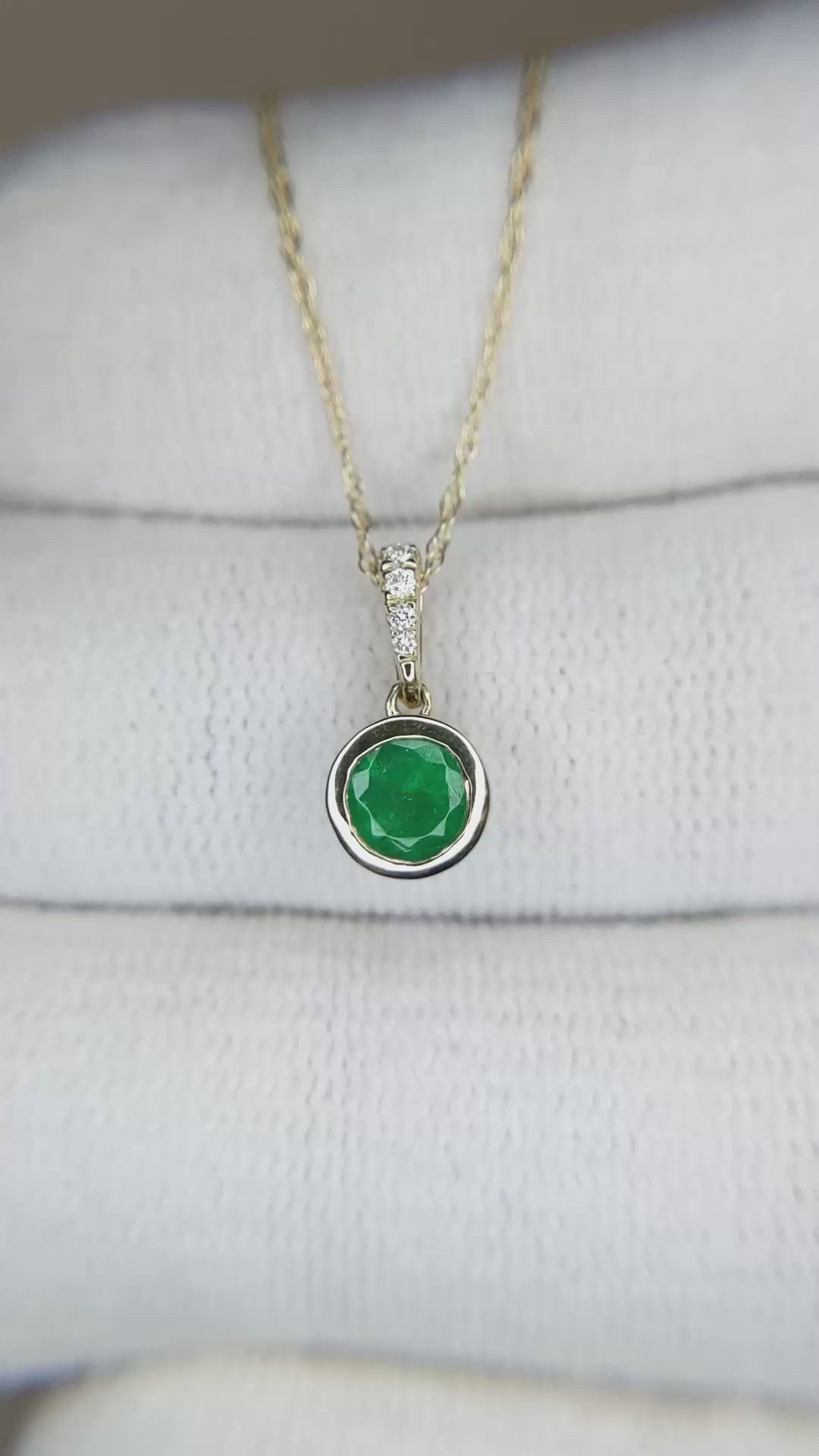 0.54 Ct. Emerald and Natural Diamond Bezel Necklace, 14K Yellow Gold Size Video