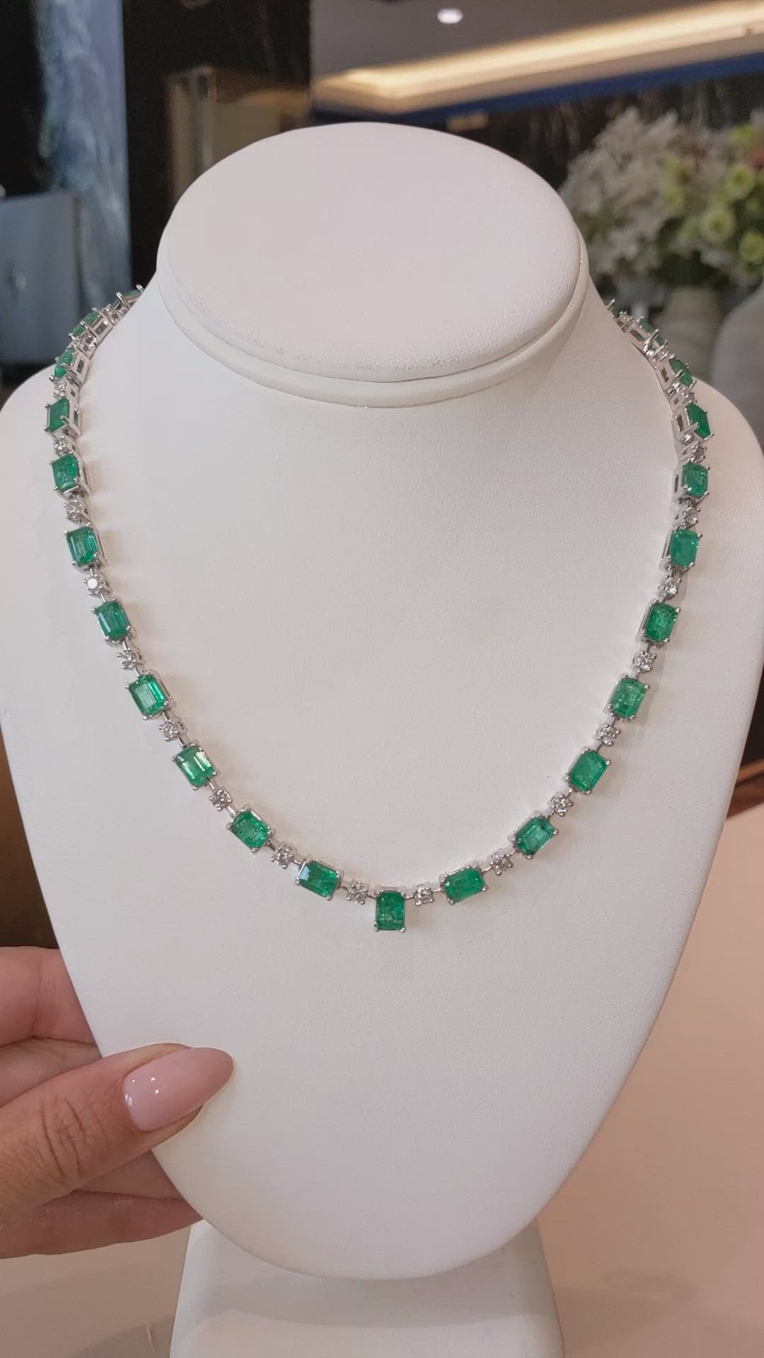 24.61 Ct. Emerald and Natural Diamond Accent Stones Necklace, 14K White Gold Size Video
