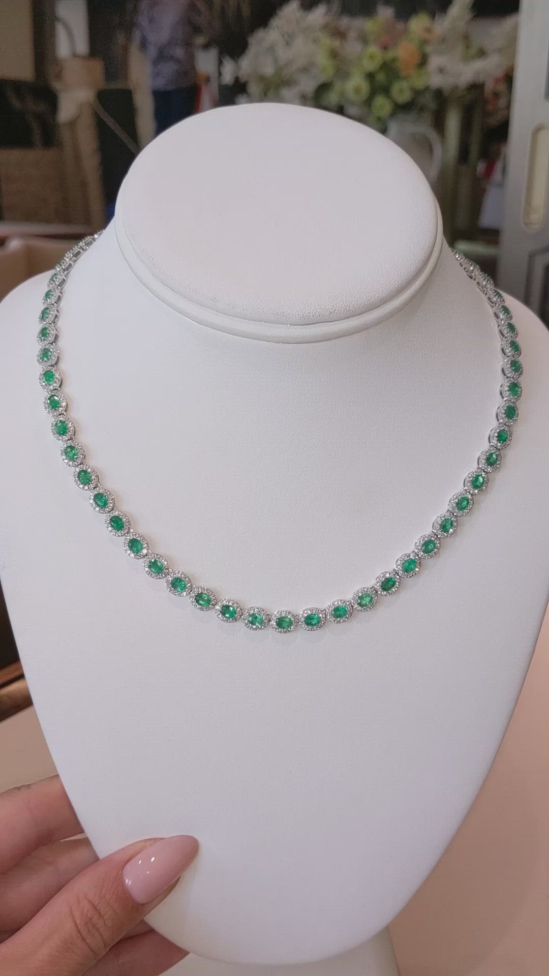 9.15 Ct. Emerald and Natural Diamond Pave Necklace, 14K White Gold Size Video