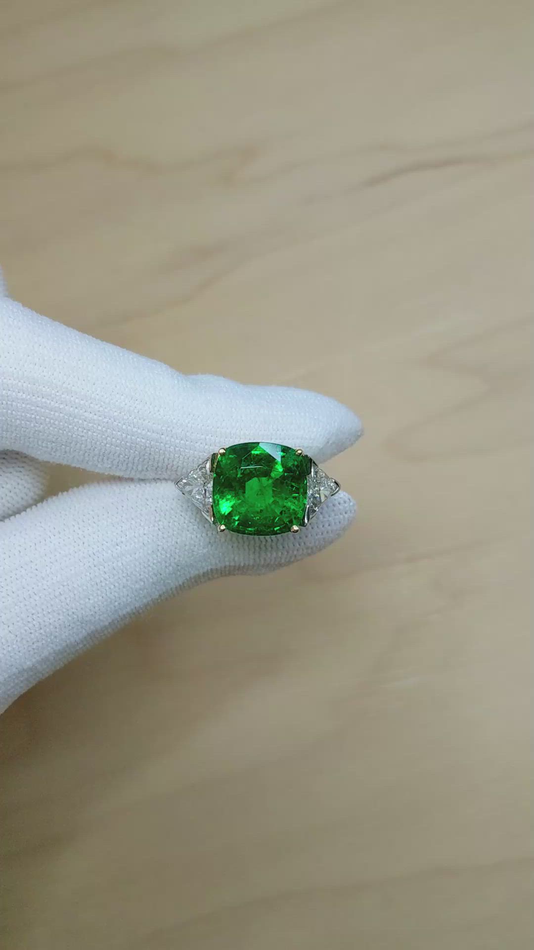 6.74 Ct. Emerald and Natural Diamond Three Stone Ring, Platinum & 18K Yellow Size Video