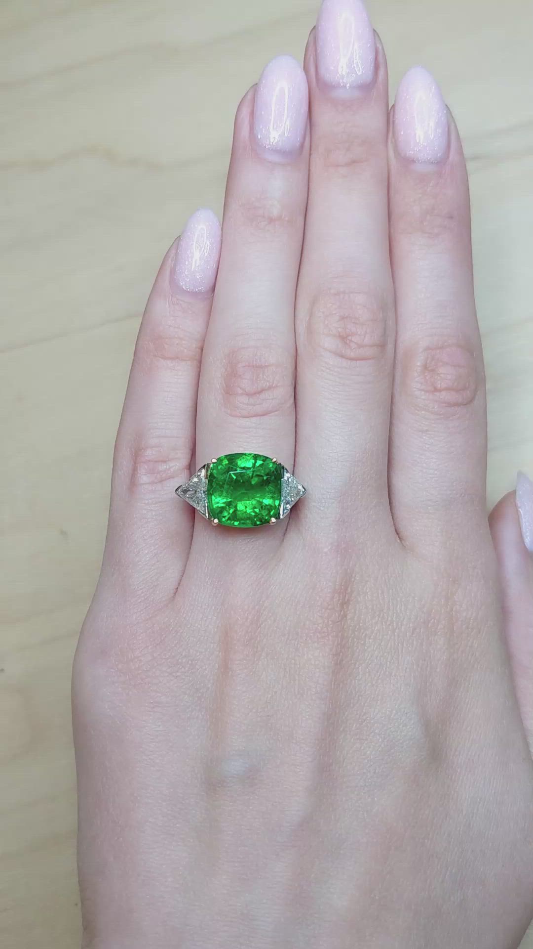 6.74 Ct. Emerald and Natural Diamond Three Stone Ring, Platinum & 18K Yellow Size Video