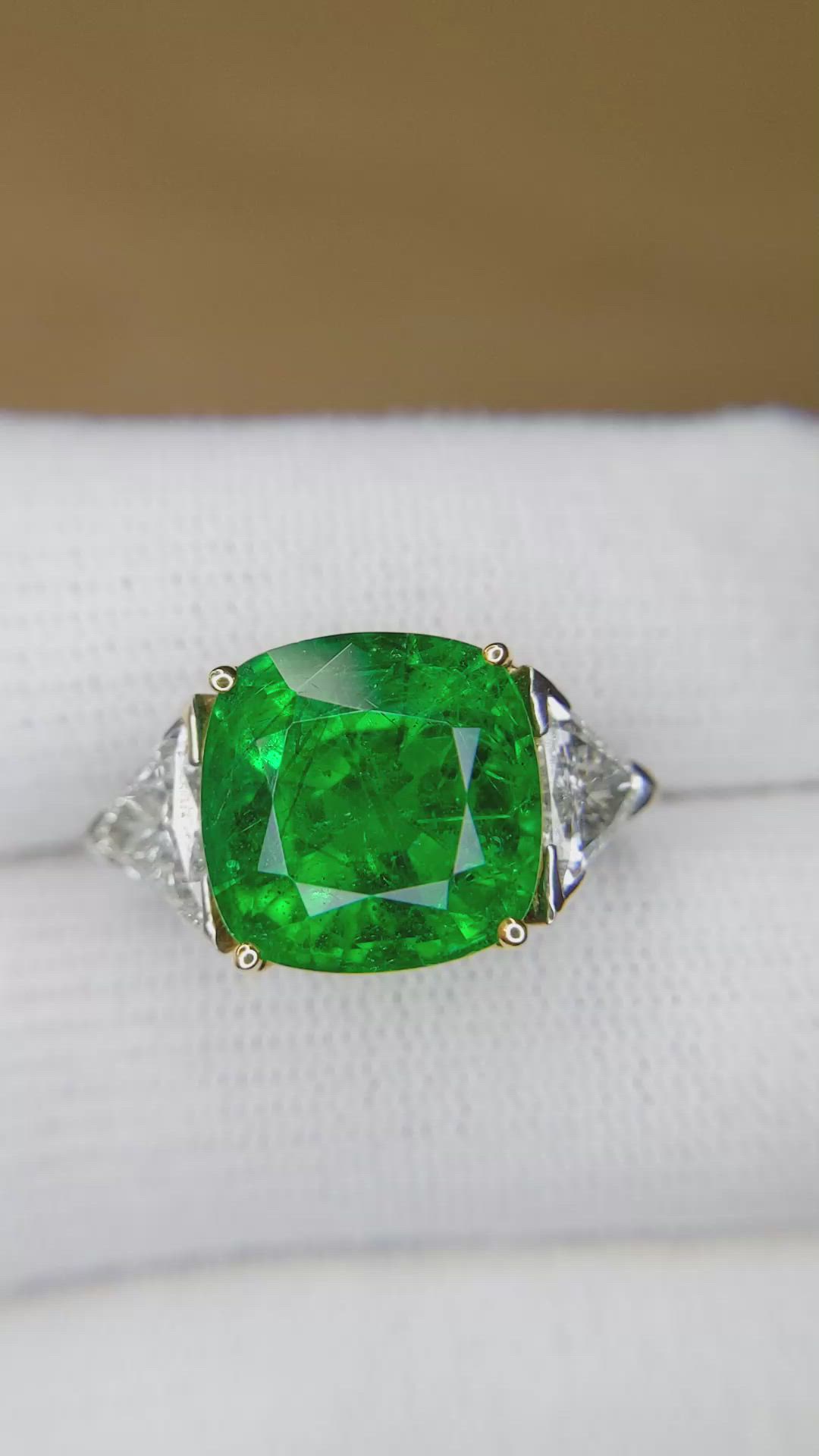 6.74 Ct. Emerald and Natural Diamond Three Stone Ring, Platinum & 18K Yellow Size Video