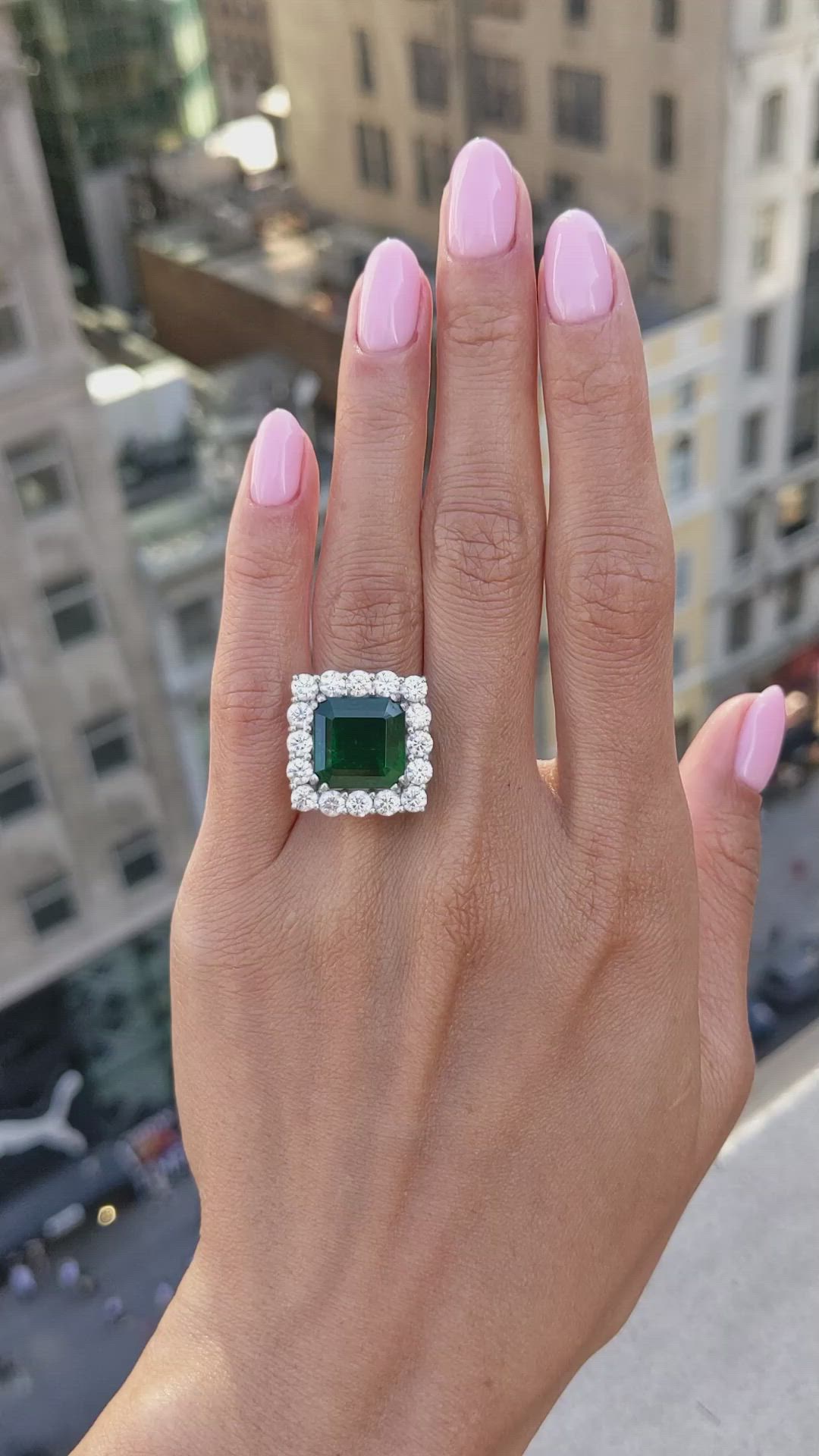 7.68 Ct. Emerald and Natural Diamond Pave Ring, Platinum 900 Size Video
