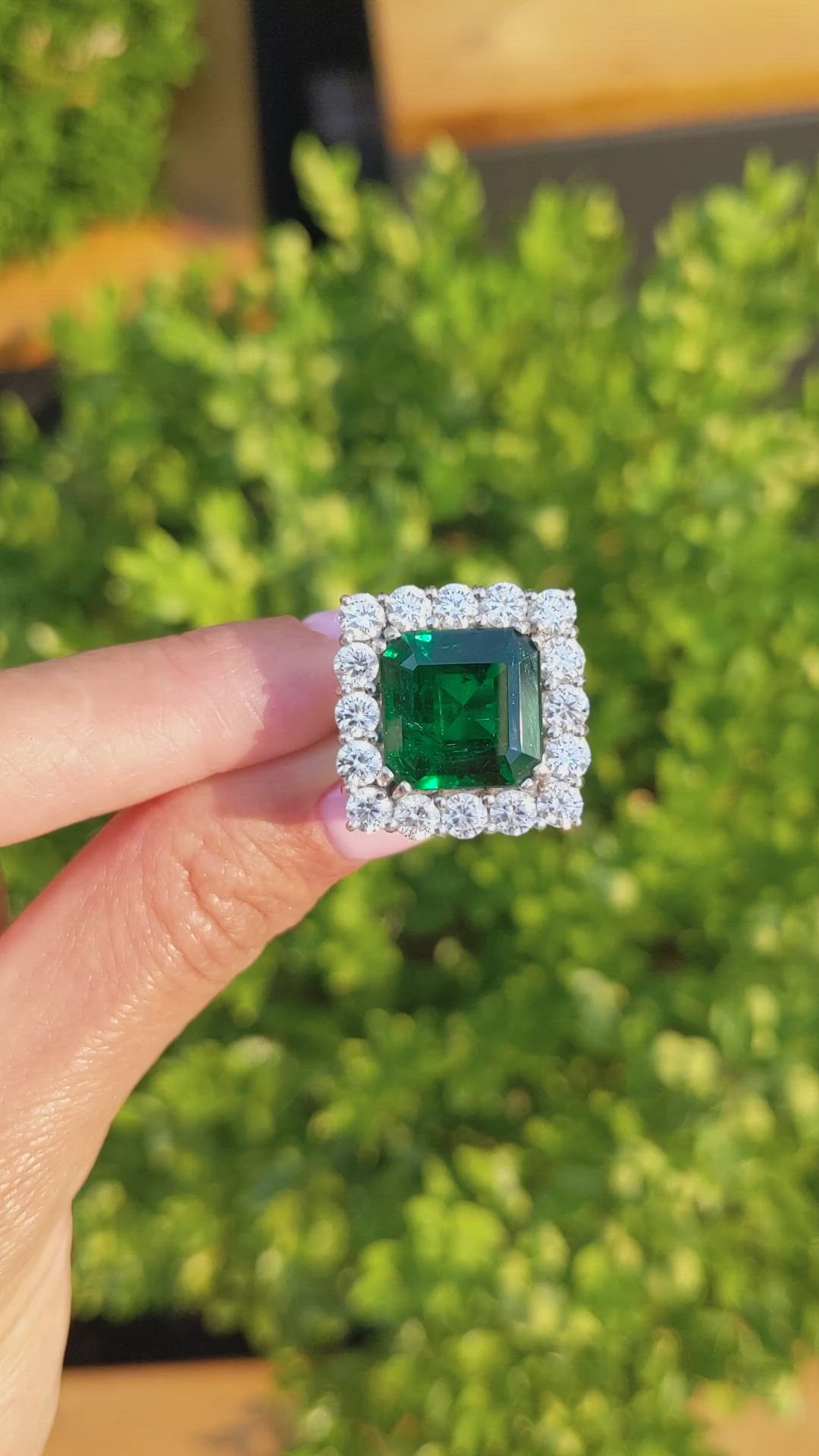 7.68 Ct. Emerald and Natural Diamond Pave Ring, Platinum 900 Size Video