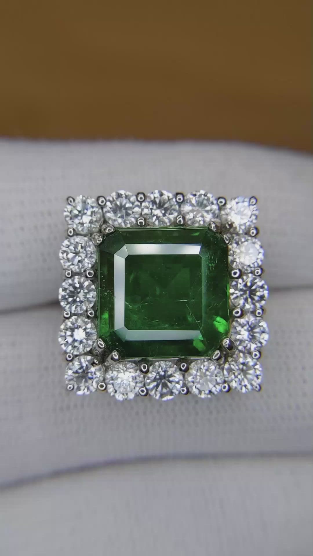7.68 Ct. Emerald and Natural Diamond Pave Ring, Platinum 900 Size Video