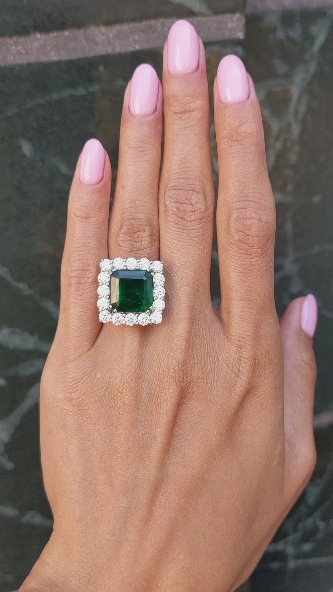 7.68 Ct. Emerald and Natural Diamond Pave Ring, Platinum 900 Size Video