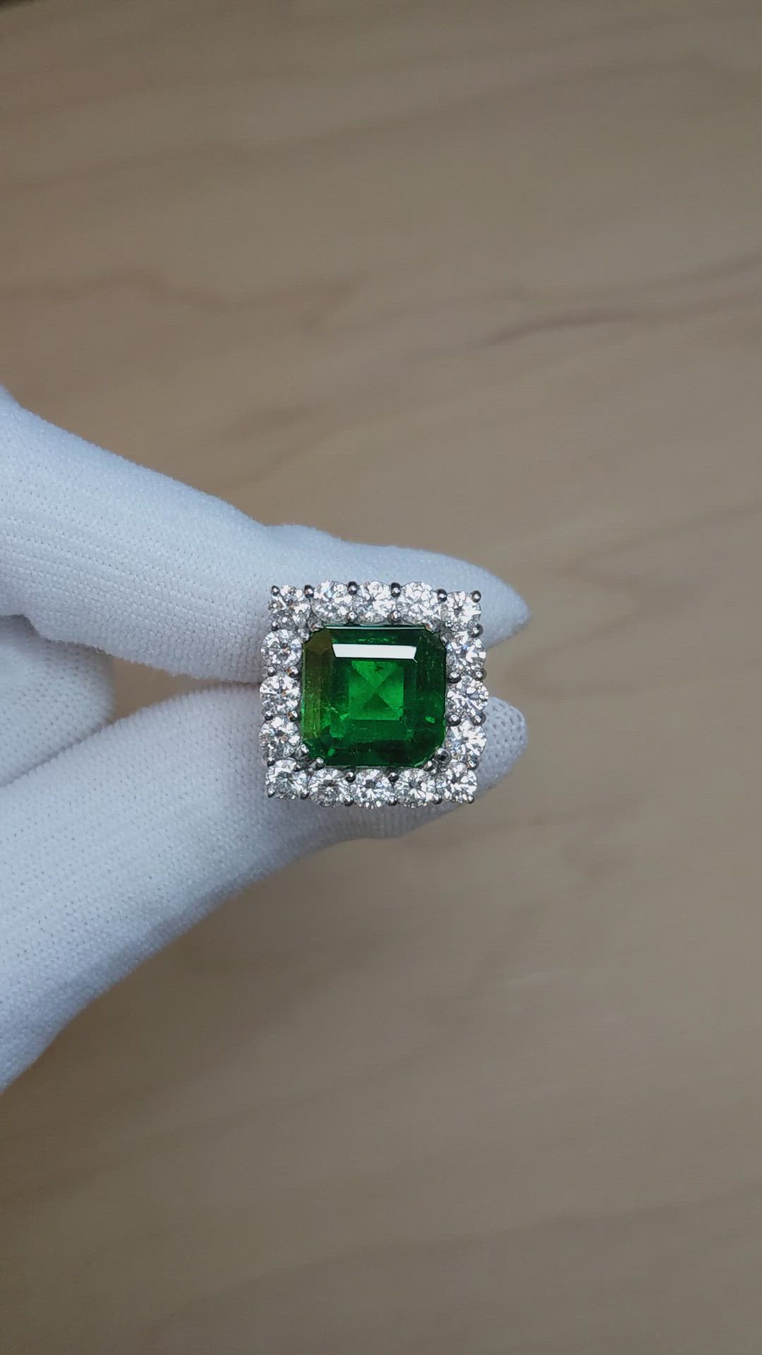 7.68 Ct. Emerald and Natural Diamond Pave Ring, Platinum 900 Size Video