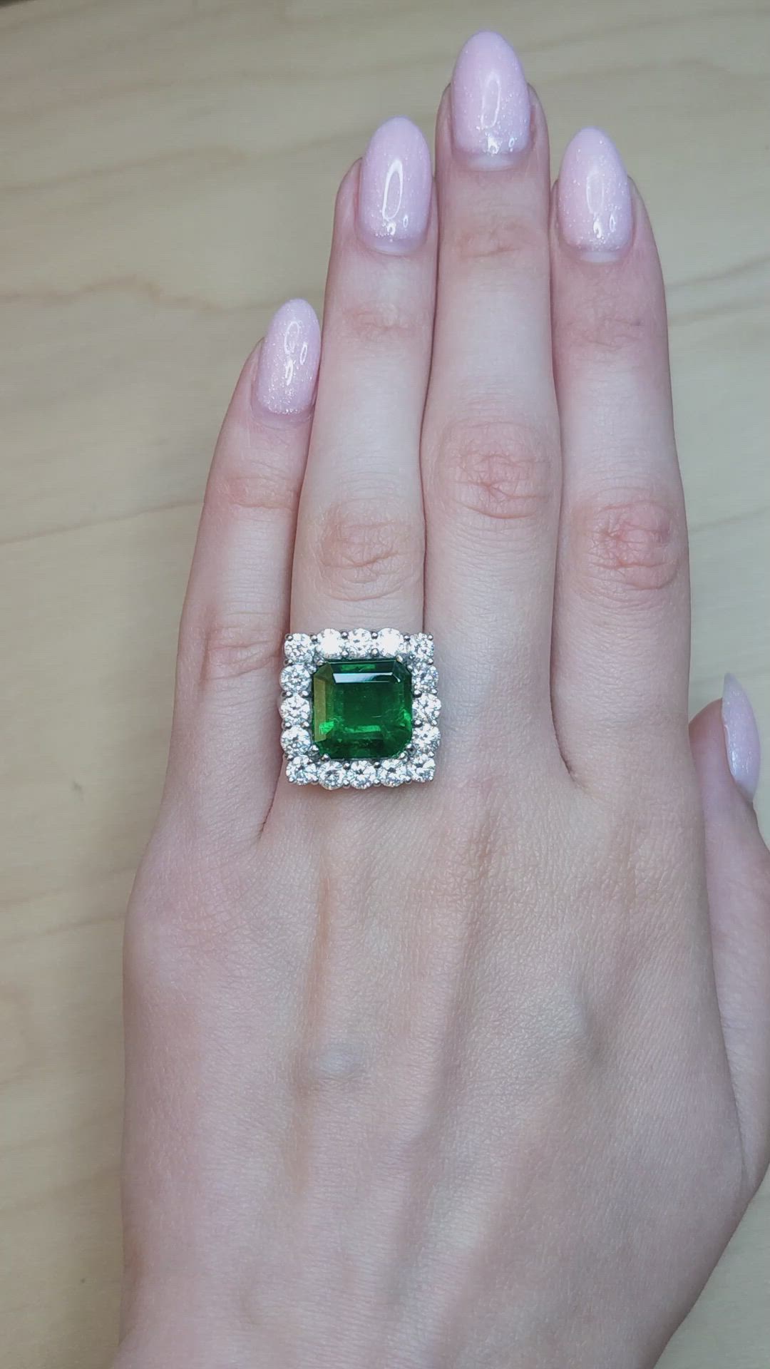 7.68 Ct. Emerald and Natural Diamond Pave Ring, Platinum 900 Size Video
