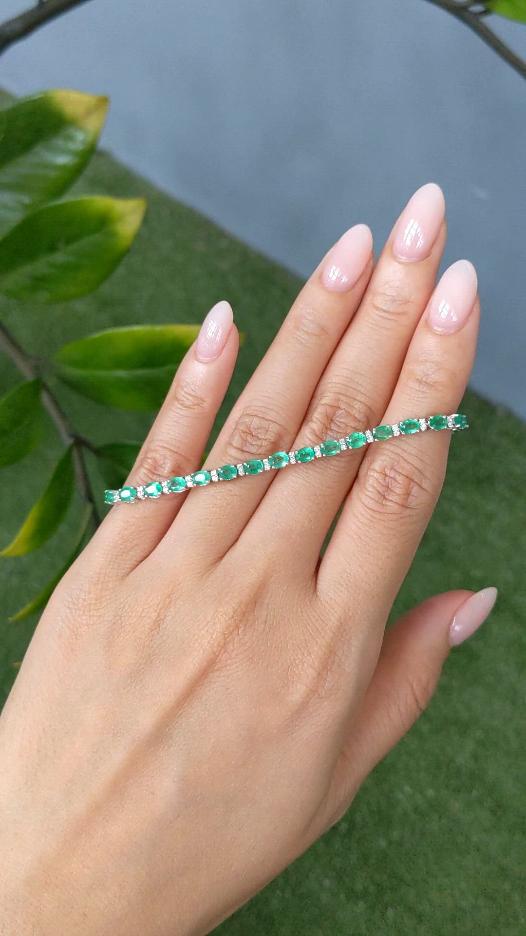 5.37 Ct.Tw.Total Carat Weight Emerald and Natural Diamond Tennis/Line Bracelet, 14K White Gold Size Video