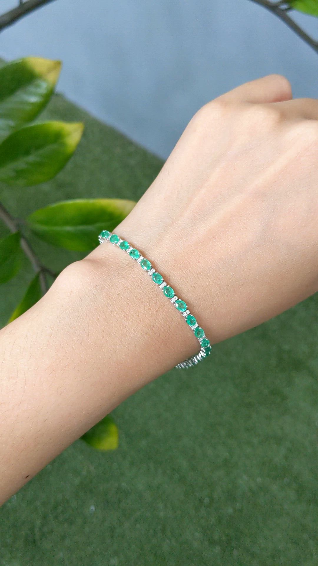 5.37 Ct.Tw.Total Carat Weight Emerald and Natural Diamond Tennis/Line Bracelet, 14K White Gold Size Video