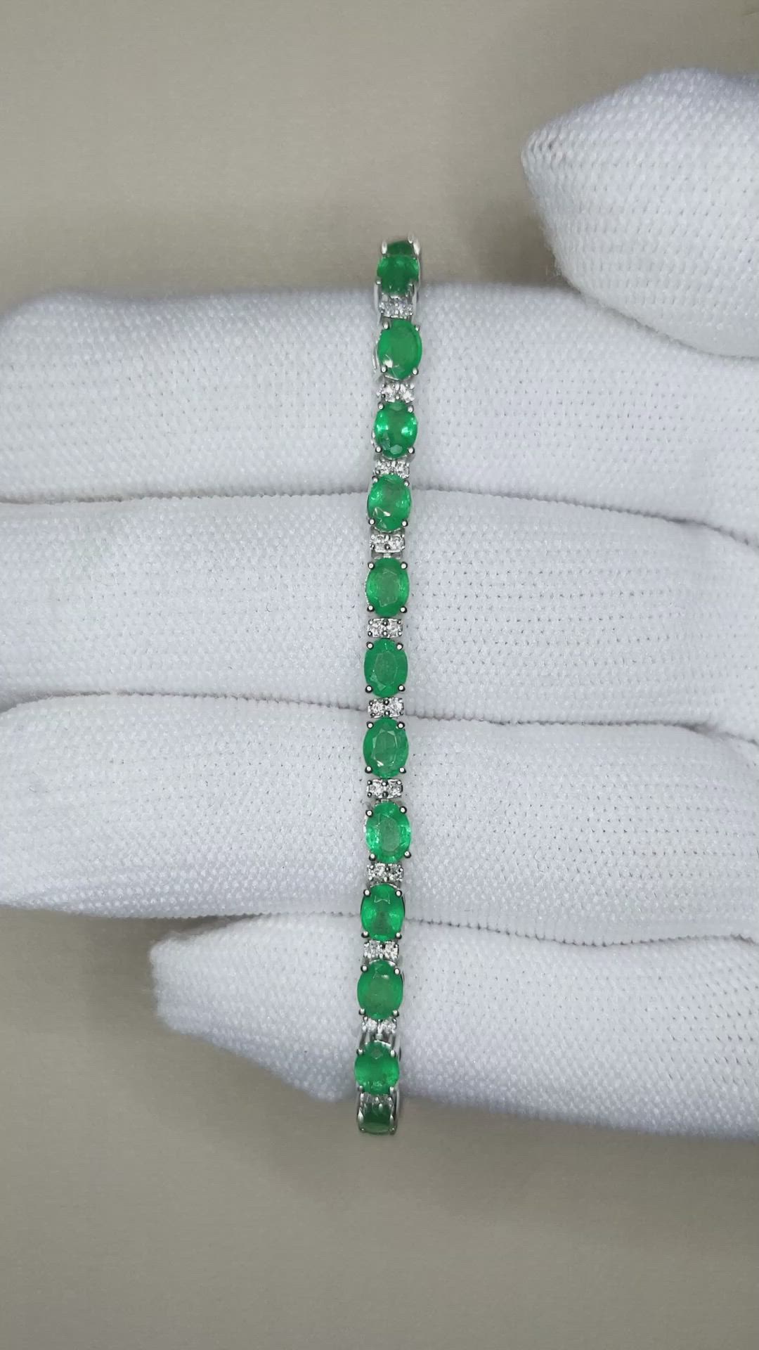 5.37 Ct.Tw.Total Carat Weight Emerald and Natural Diamond Tennis/Line Bracelet, 14K White Gold Size Video