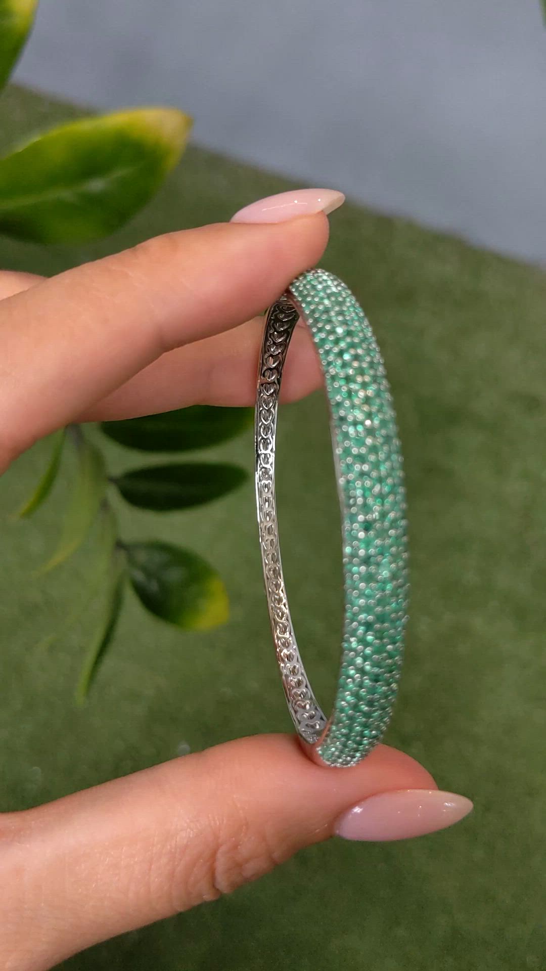 3.81 Ct.Tw.Total Carat Weight Emerald Bangle Bracelet, 14K White Gold Size Video