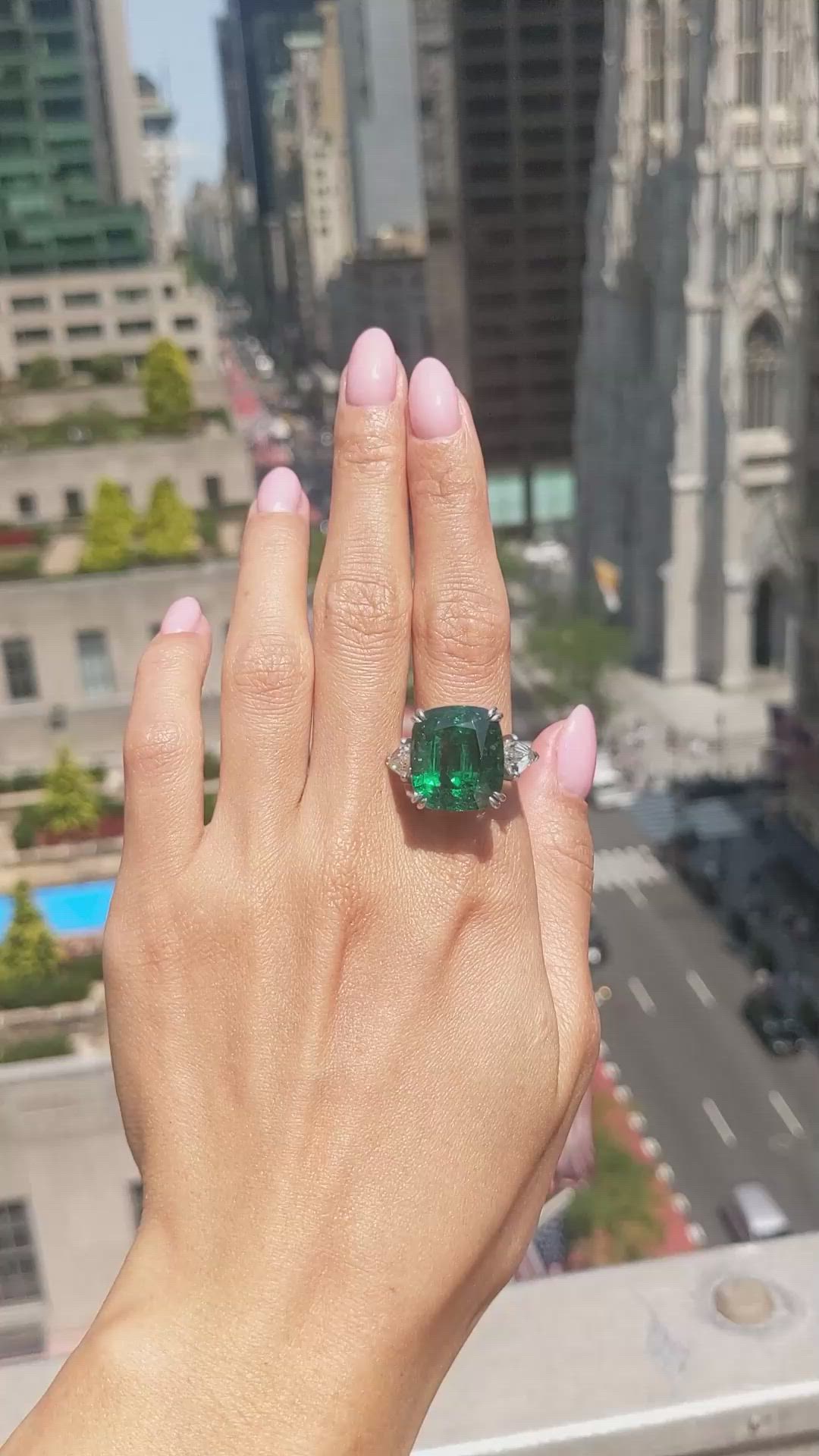 19.91 Ct. Emerald and Natural Diamond Three Stone Ring, Platinum 950 Size Video