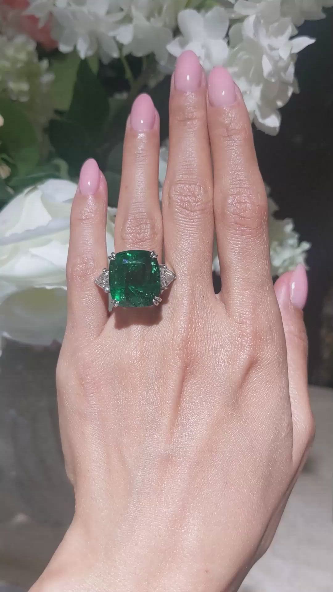 19.91 Ct. Emerald and Natural Diamond Three Stone Ring, Platinum 950 Size Video