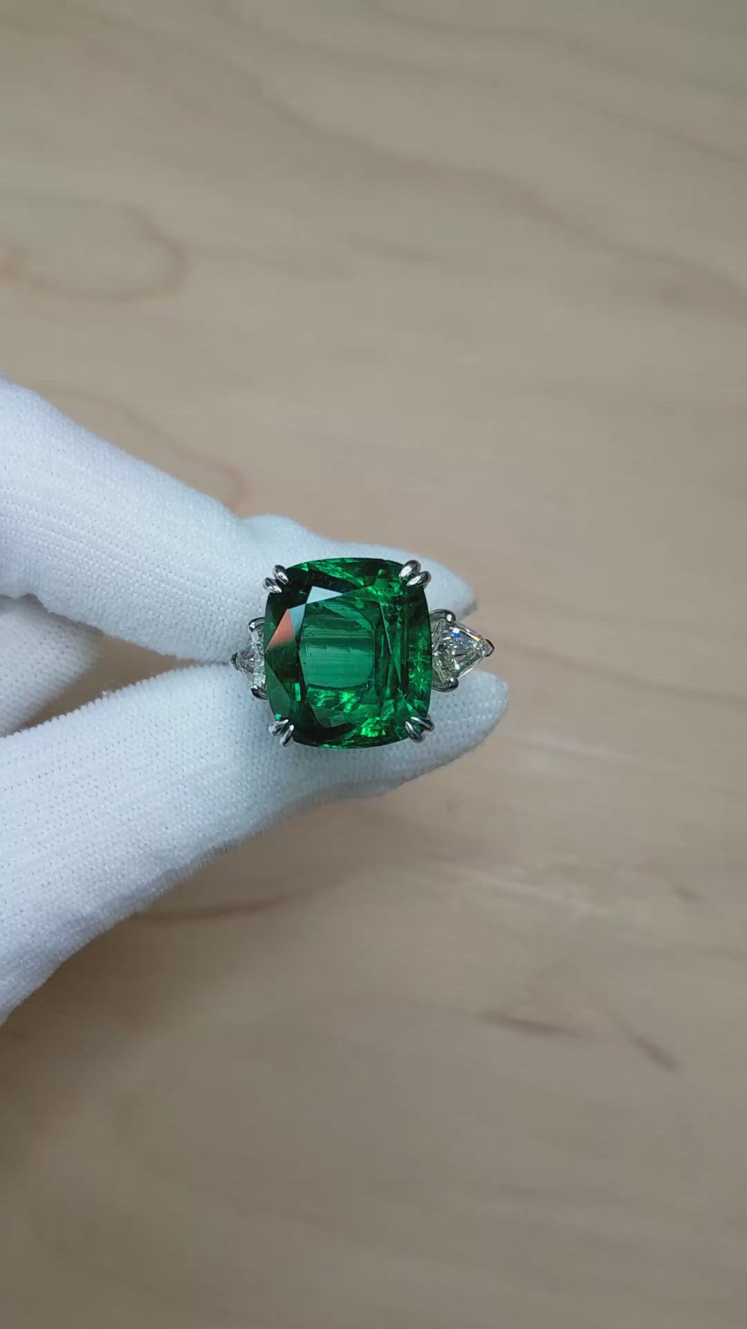19.91 Ct. Emerald and Natural Diamond Three Stone Ring, Platinum 950 Size Video