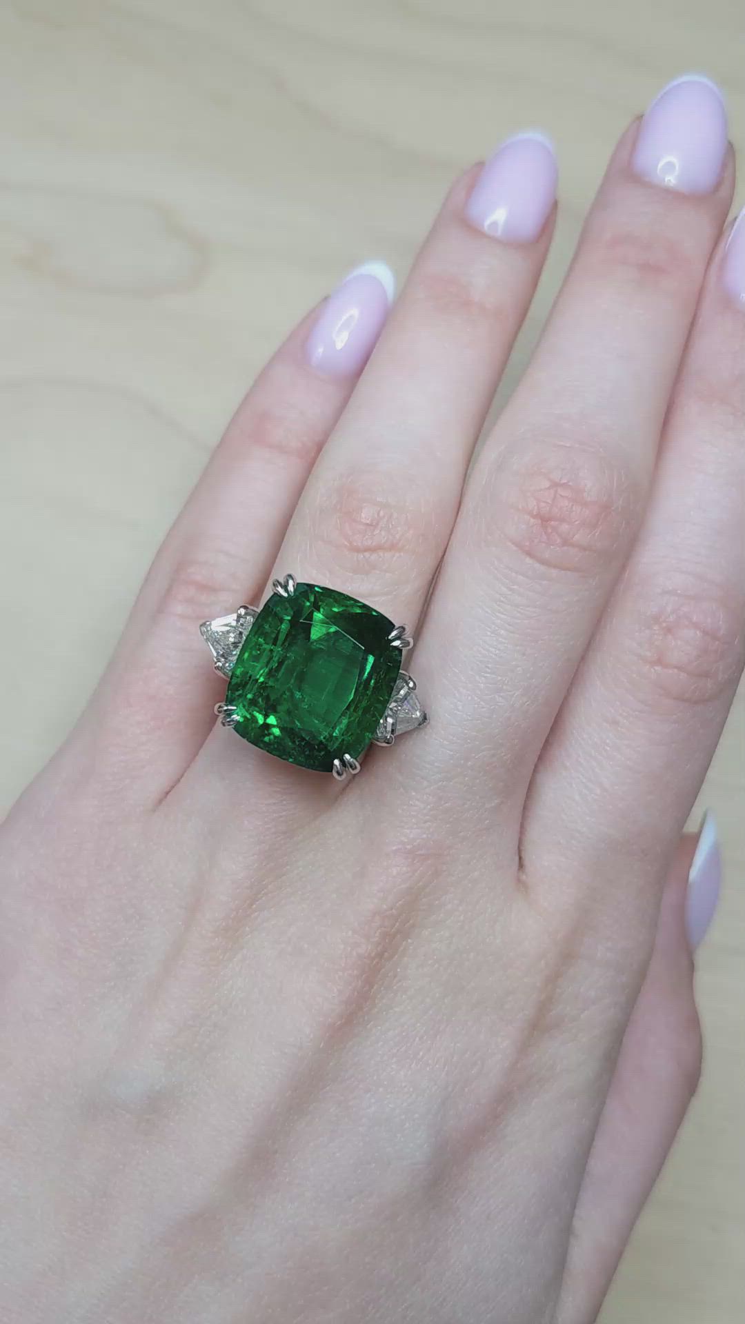 19.91 Ct. Emerald and Natural Diamond Three Stone Ring, Platinum 950 Size Video