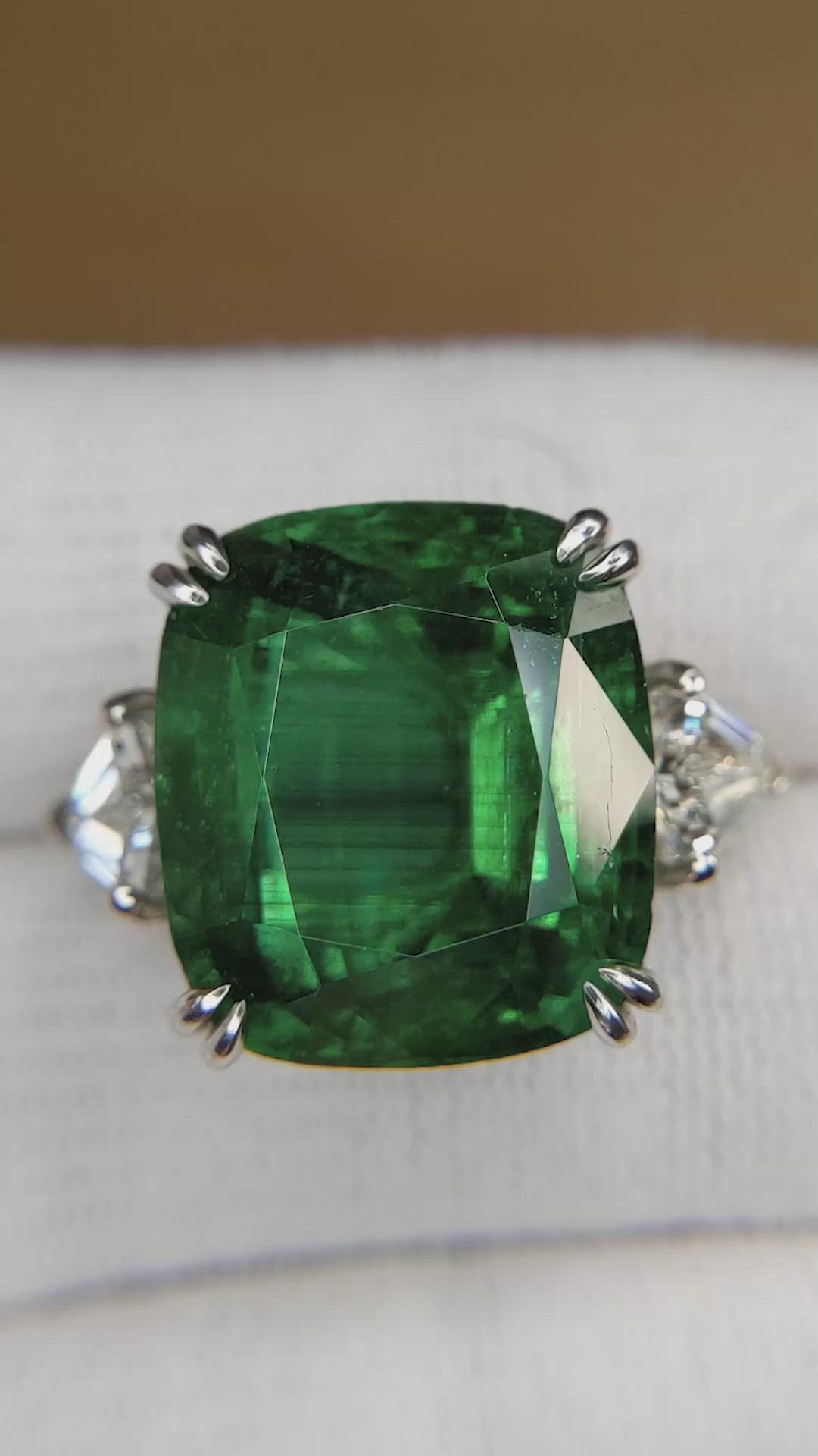 19.91 Ct. Emerald and Natural Diamond Three Stone Ring, Platinum 950 Size Video