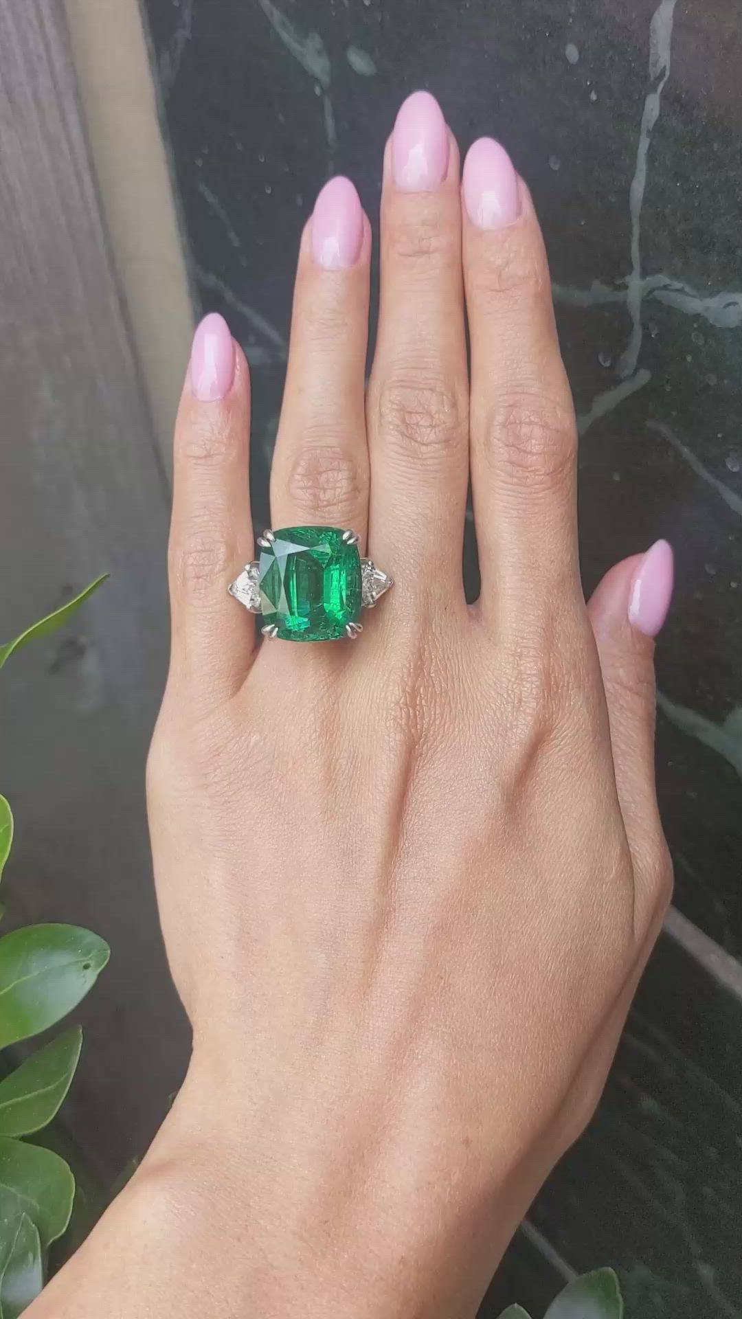 19.91 Ct. Emerald and Natural Diamond Three Stone Ring, Platinum 950 Size Video