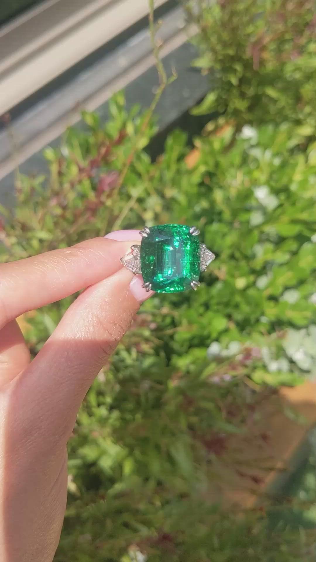 19.91 Ct. Emerald and Natural Diamond Three Stone Ring, Platinum 950 Size Video