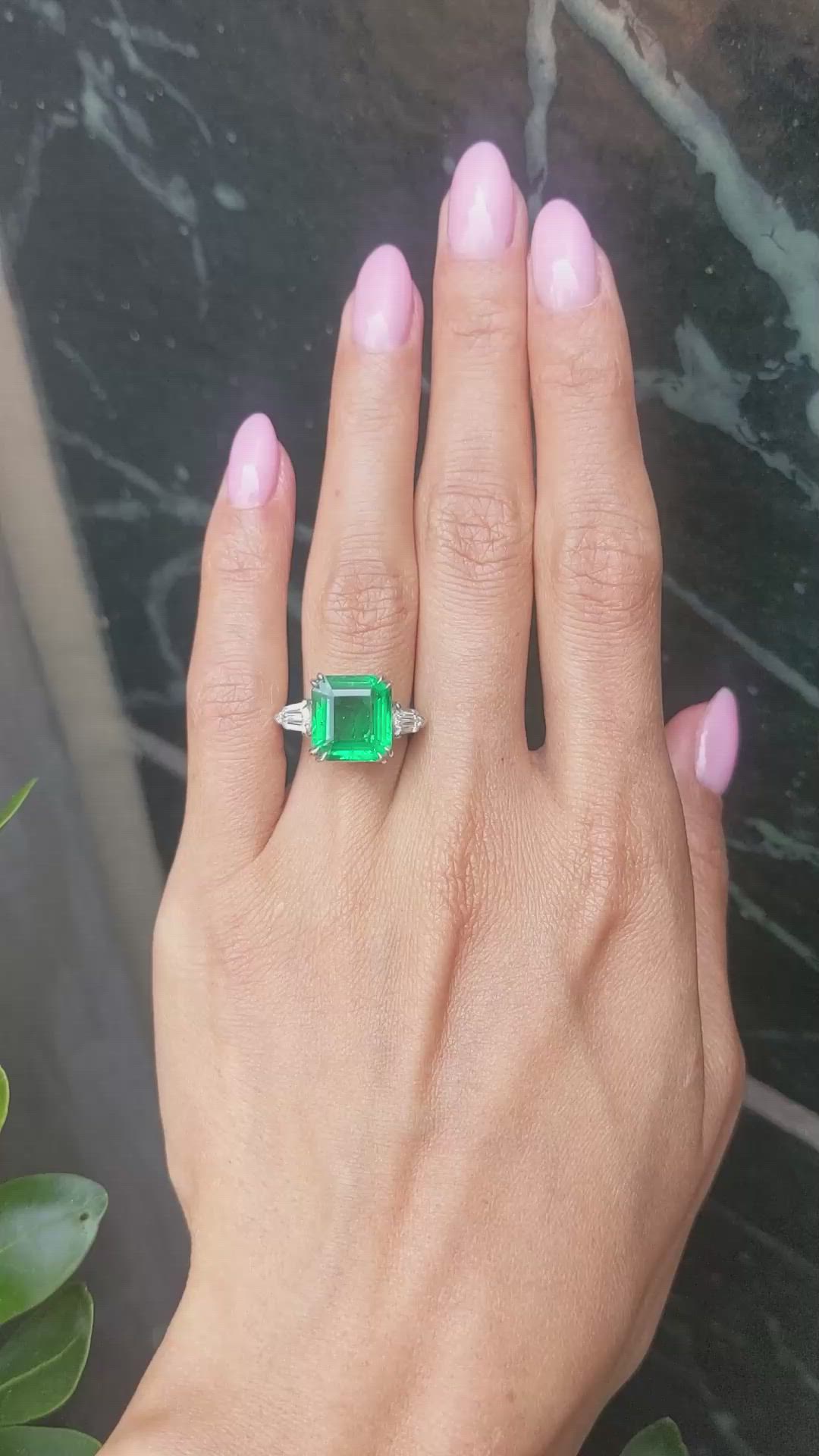 5.50 Ct. Emerald and Natural Diamond Three Stone Ring, Platinum 950 Size Video