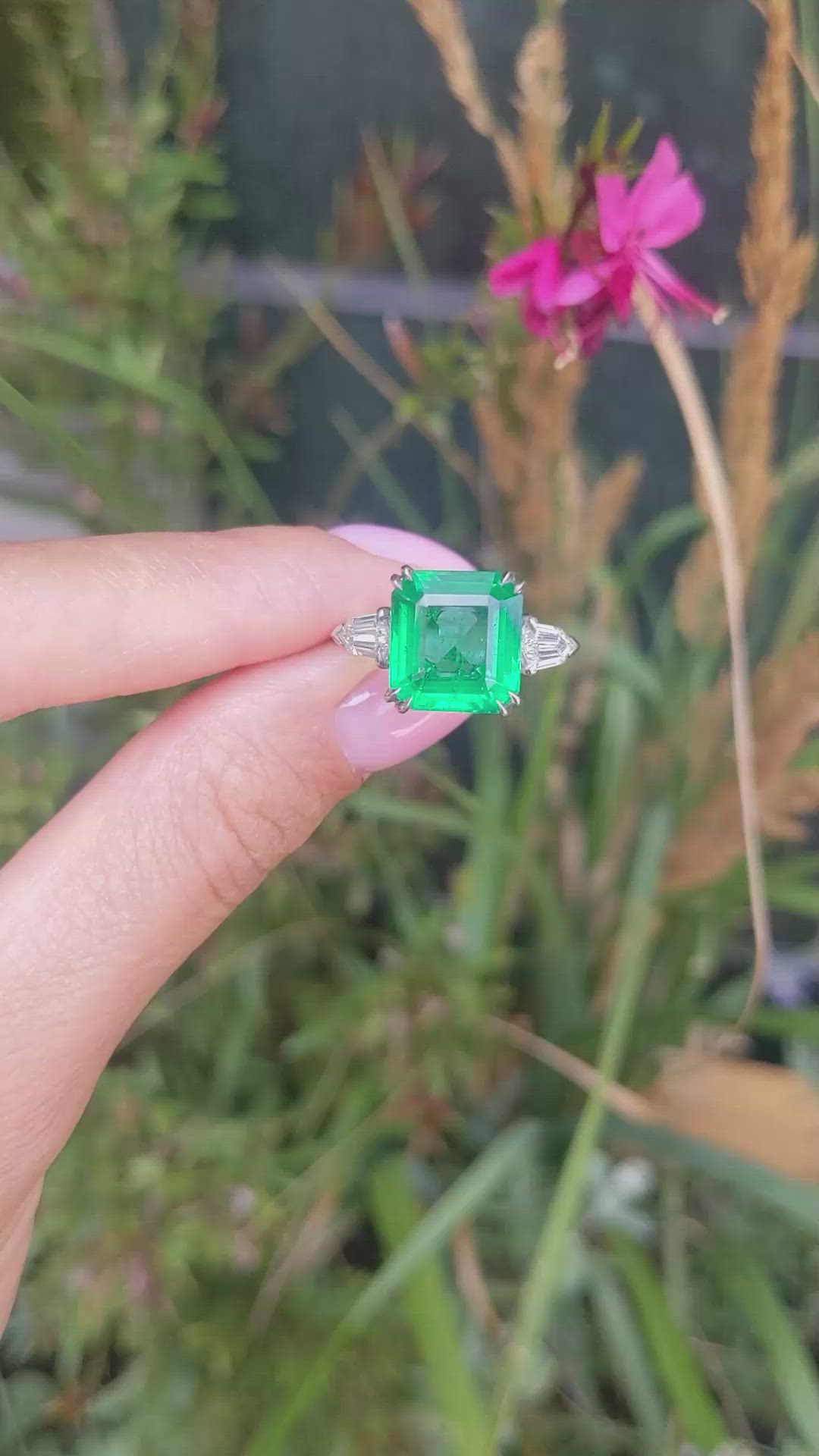 5.50 Ct. Emerald and Natural Diamond Three Stone Ring, Platinum 950 Size Video
