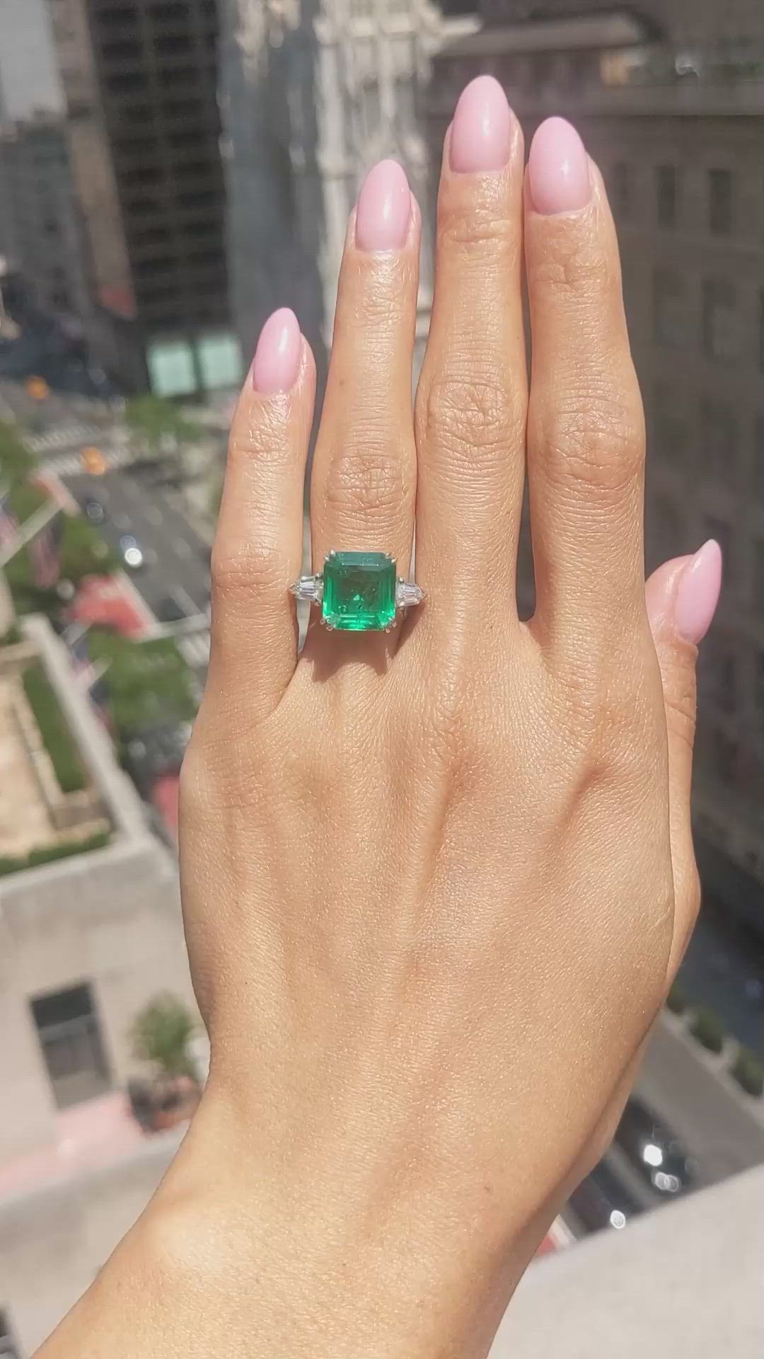 5.50 Ct. Emerald and Natural Diamond Three Stone Ring, Platinum 950 Size Video